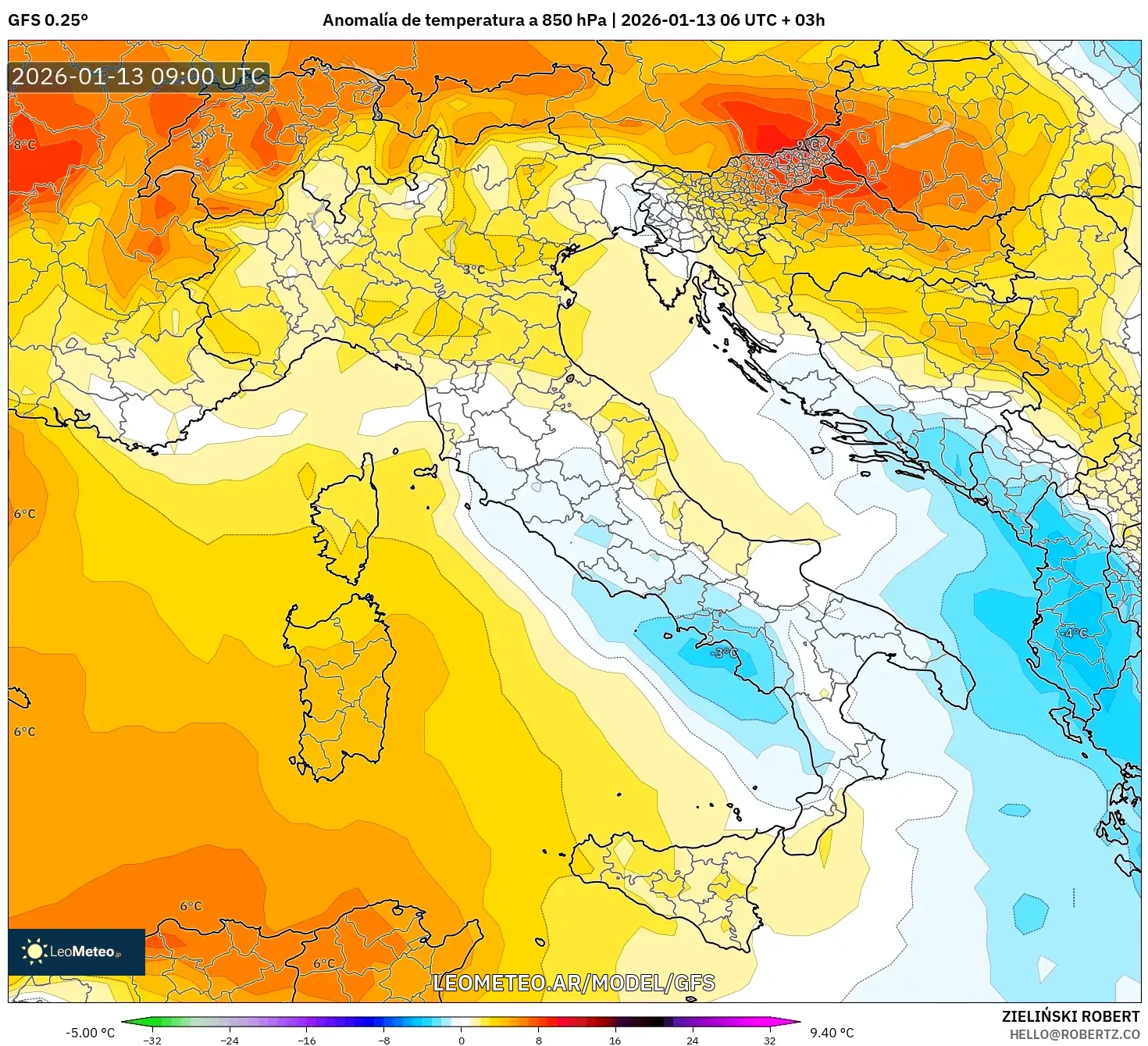 GFS model - Italia, Anomalía de temperatura a 850 hPa