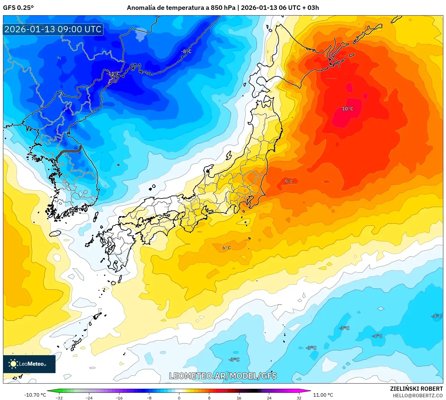 GFS model - Japón, Anomalía de temperatura a 850 hPa