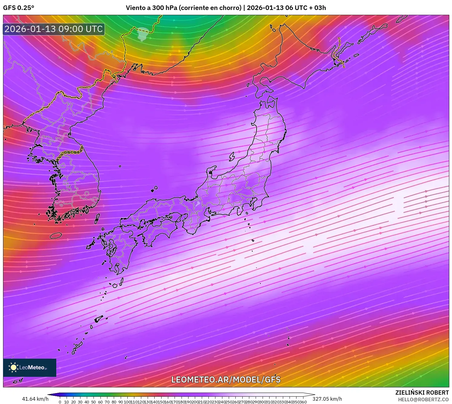 GFS model - Japón, Viento a 300 hPa (corriente en chorro)