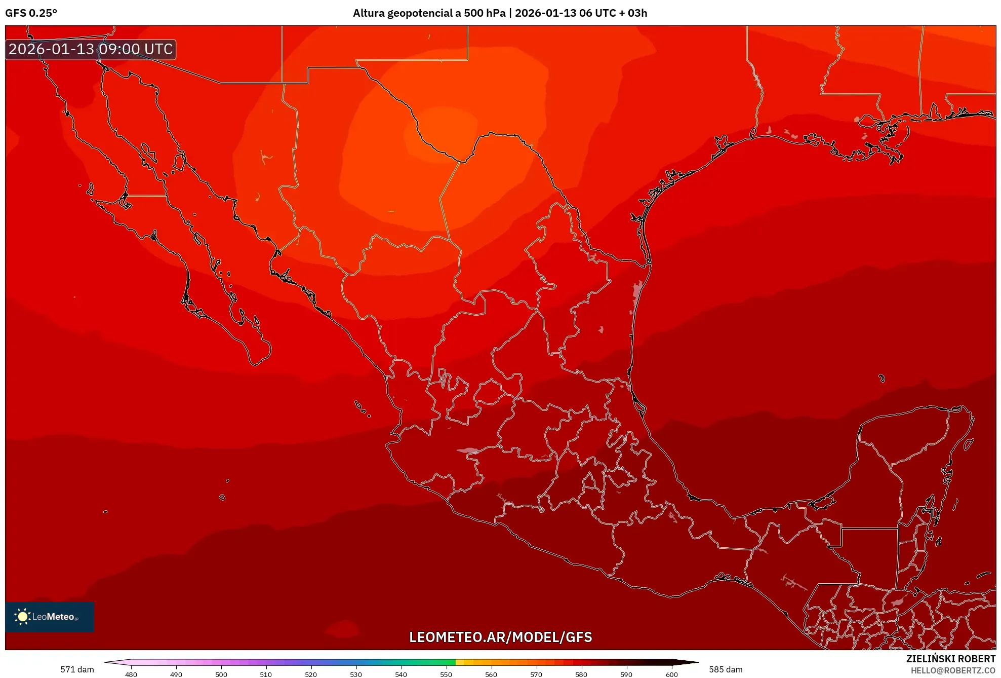 GFS model - México, Altura geopotencial a 500 hPa