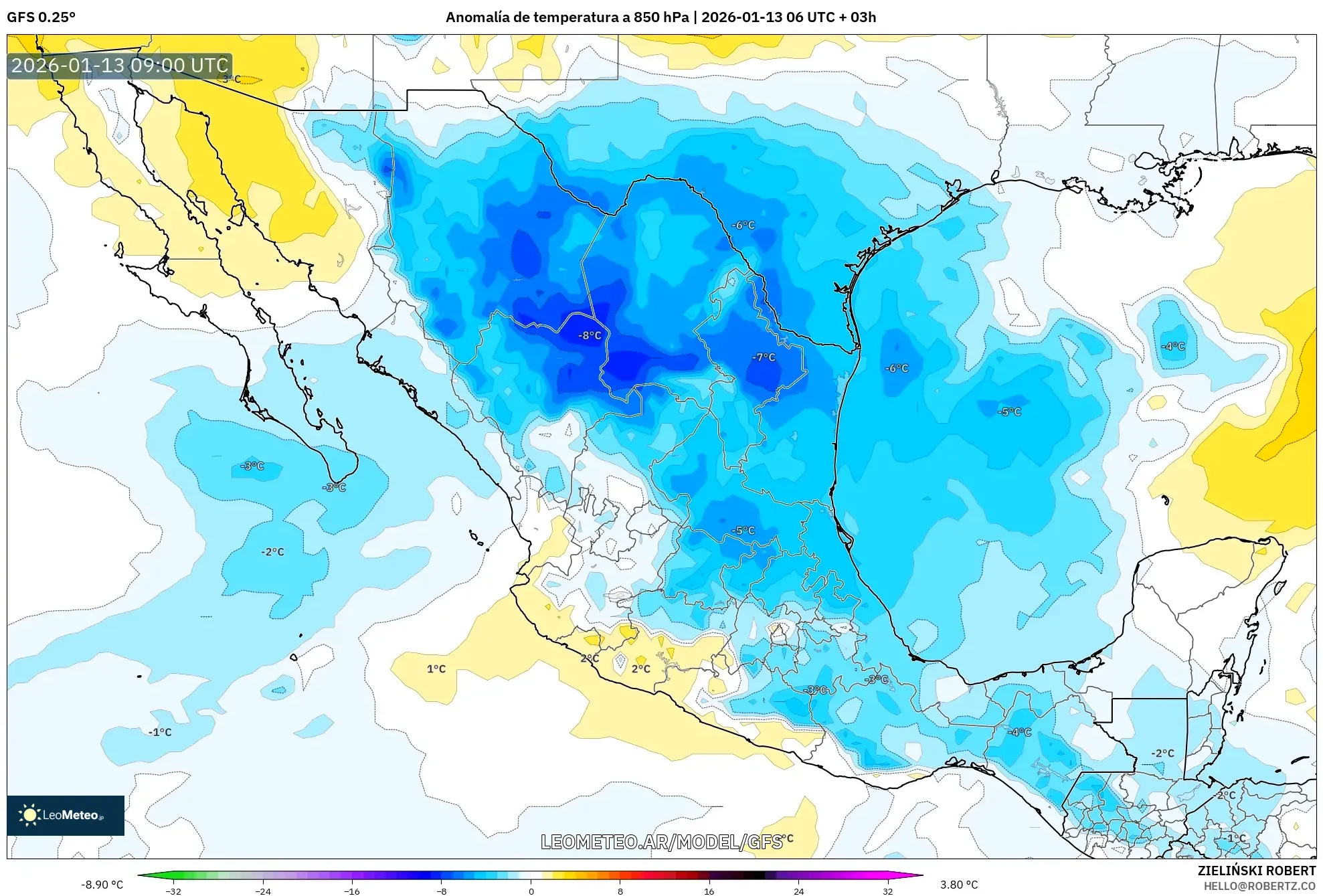 GFS model - México, Anomalía de temperatura a 850 hPa