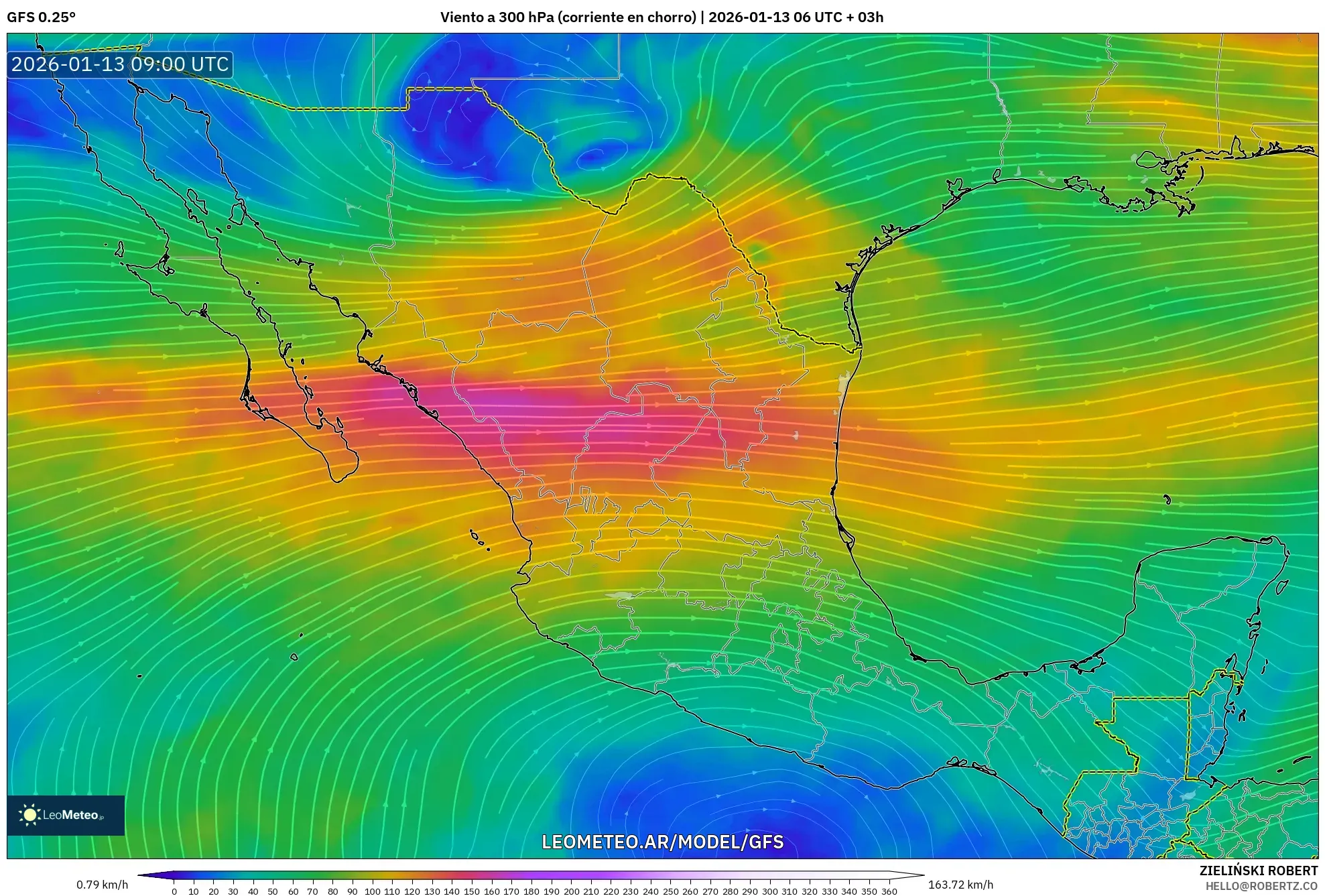 GFS model - México, Viento a 300 hPa (corriente en chorro)
