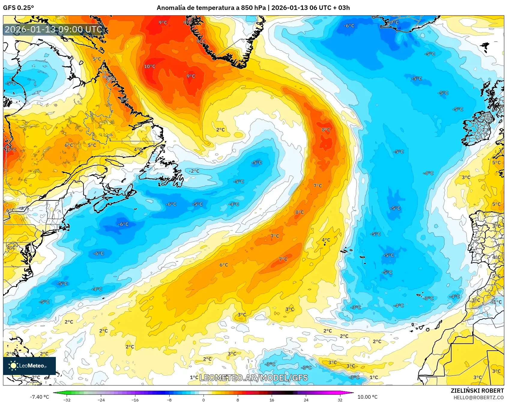 GFS model - Norte Atlántico, Anomalía de temperatura a 850 hPa