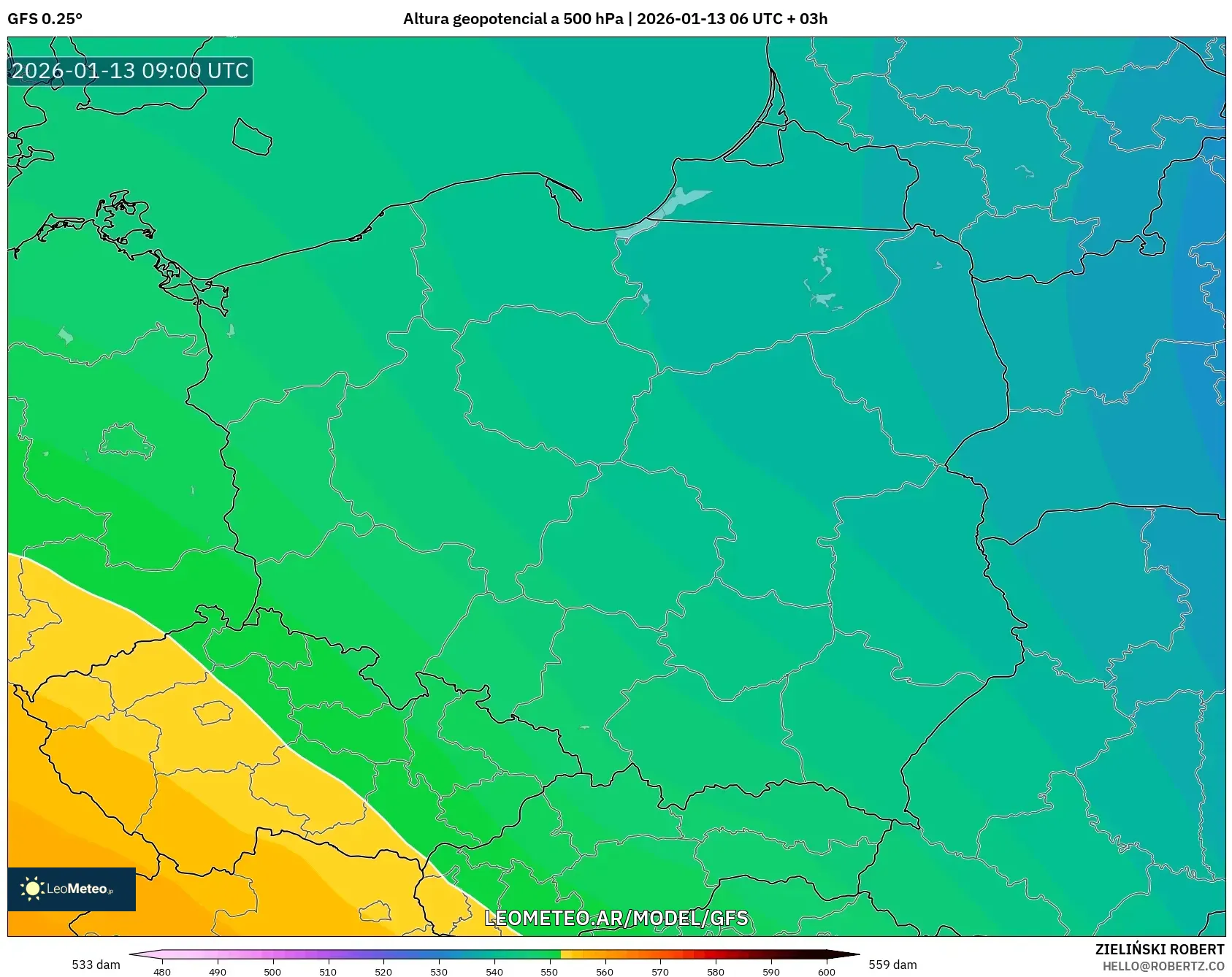 GFS model - Polonia, Altura geopotencial a 500 hPa