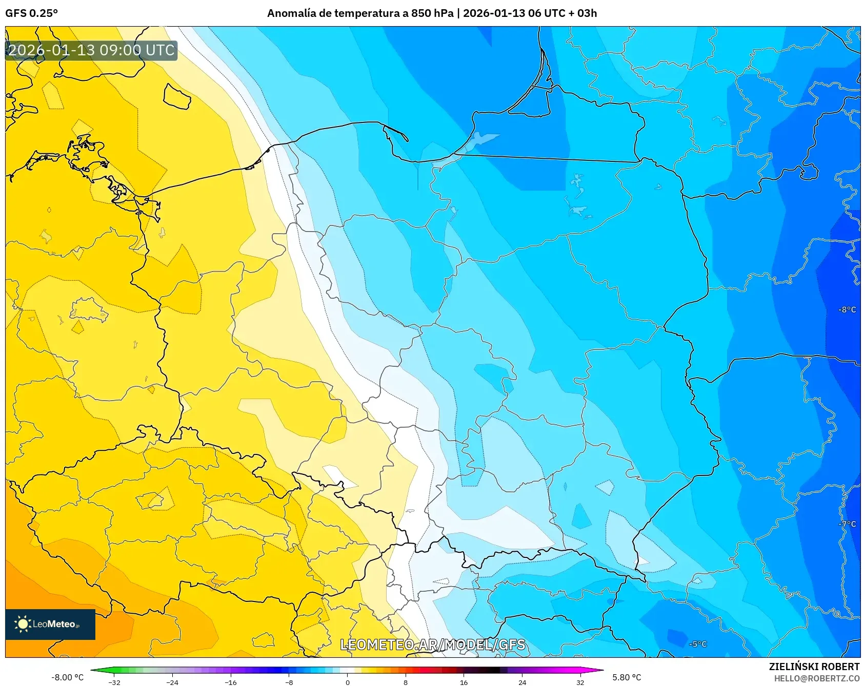 GFS model - Polonia, Anomalía de temperatura a 850 hPa