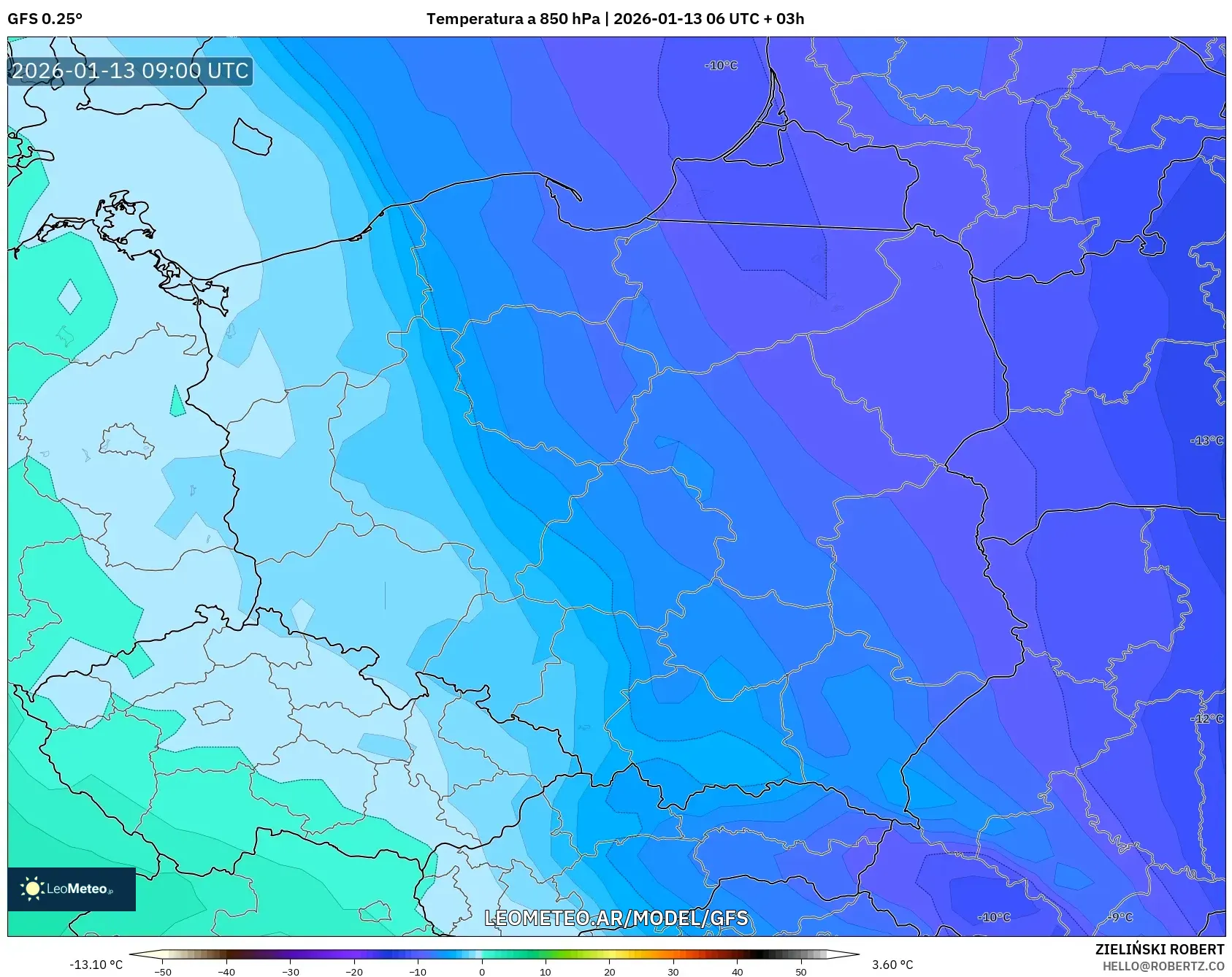 GFS model - Polonia, Temperatura a 850 hPa