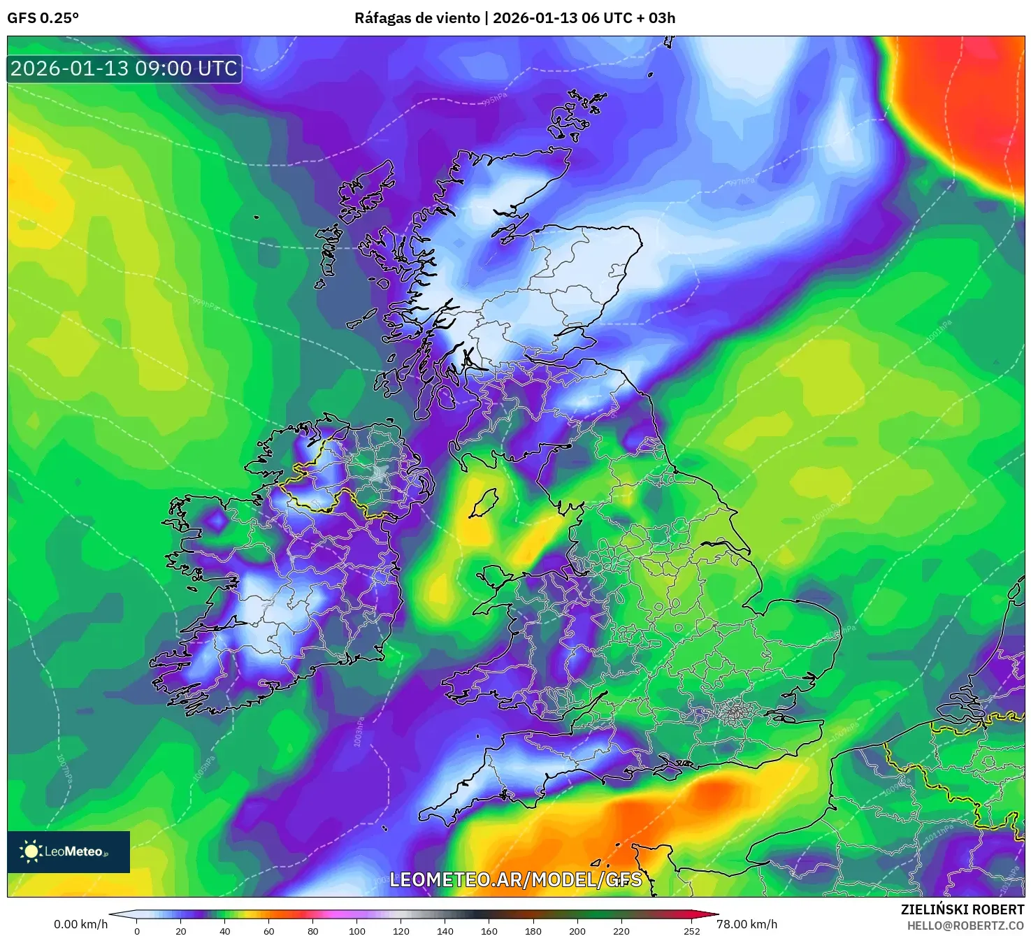 GFS model - Reino Unido, Ráfagas de viento
