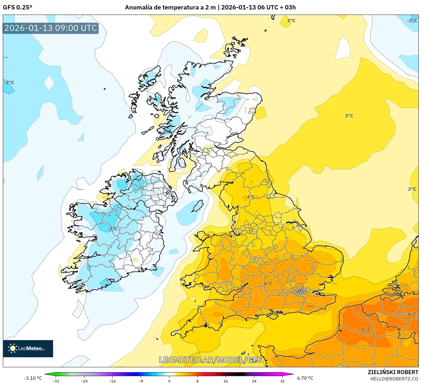 GFS model - Reino Unido, Anomalía de temperatura a 2 m