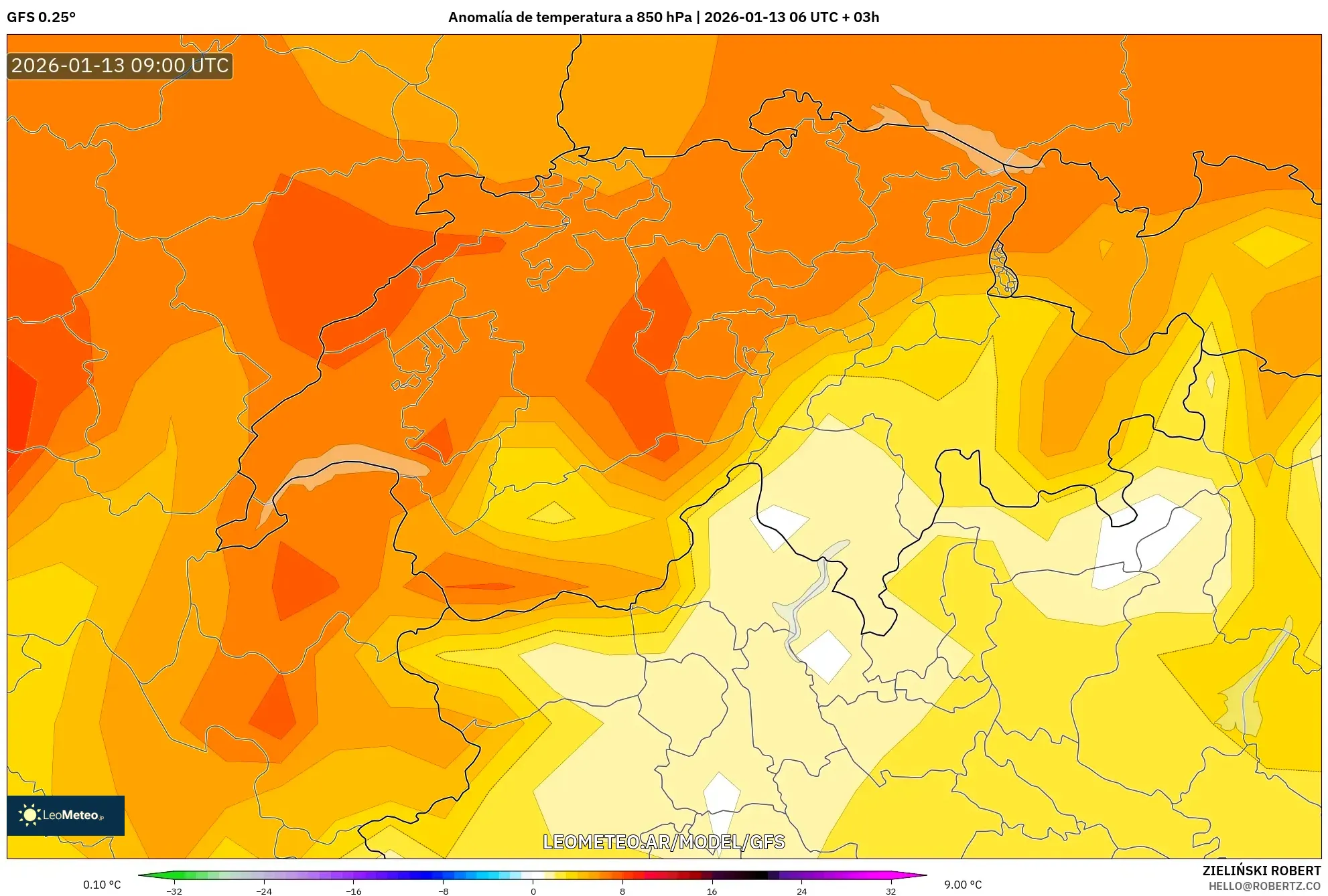 GFS model - Suiza, Anomalía de temperatura a 850 hPa