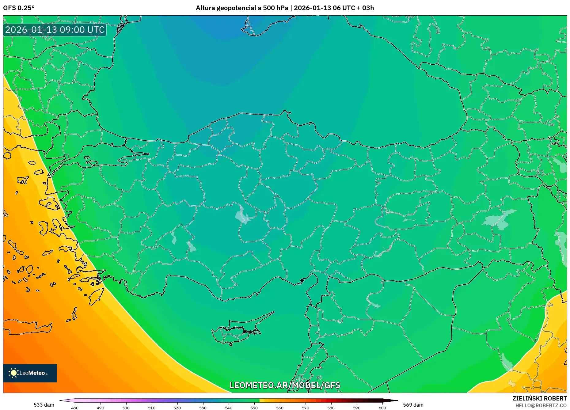 GFS model - Turquía, Altura geopotencial a 500 hPa