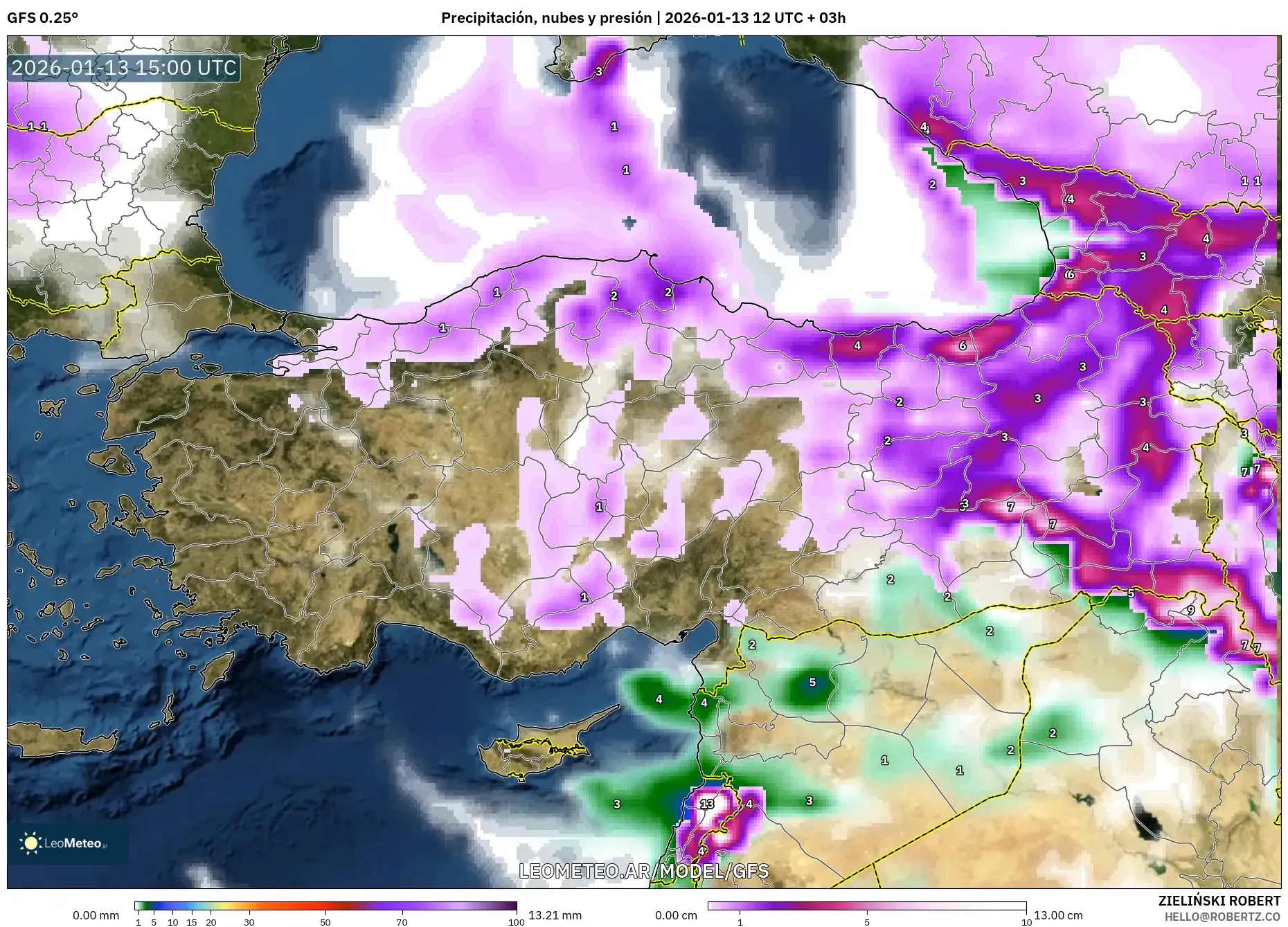 GFS model - Turquía, Precipitación, nubes y presión