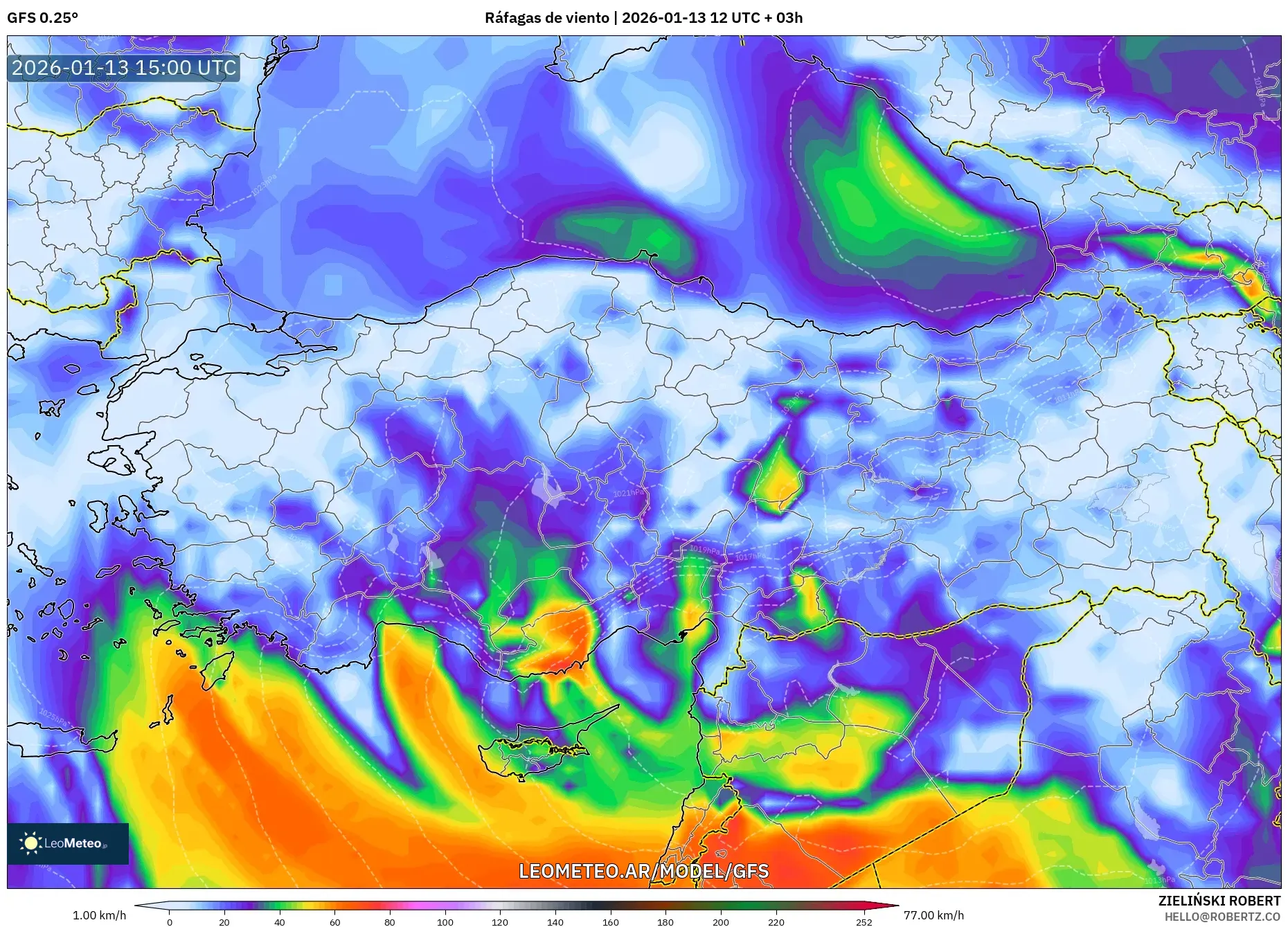 GFS model - Turquía, Ráfagas de viento