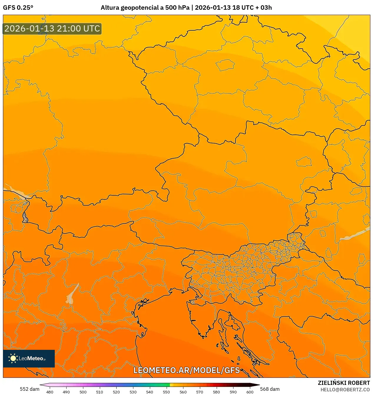 GFS model - Austria, Altura geopotencial a 500 hPa
