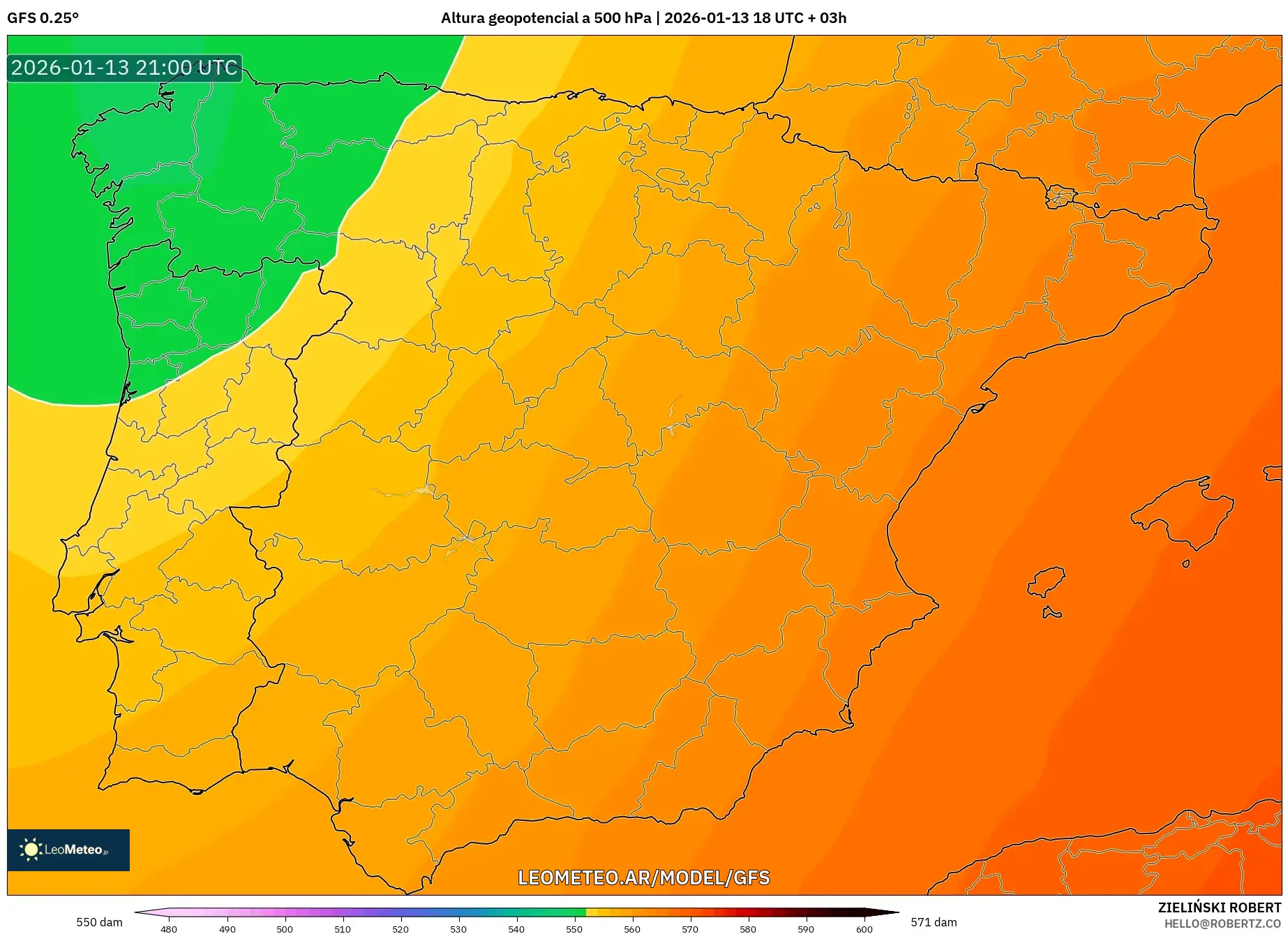 GFS model - España, Altura geopotencial a 500 hPa