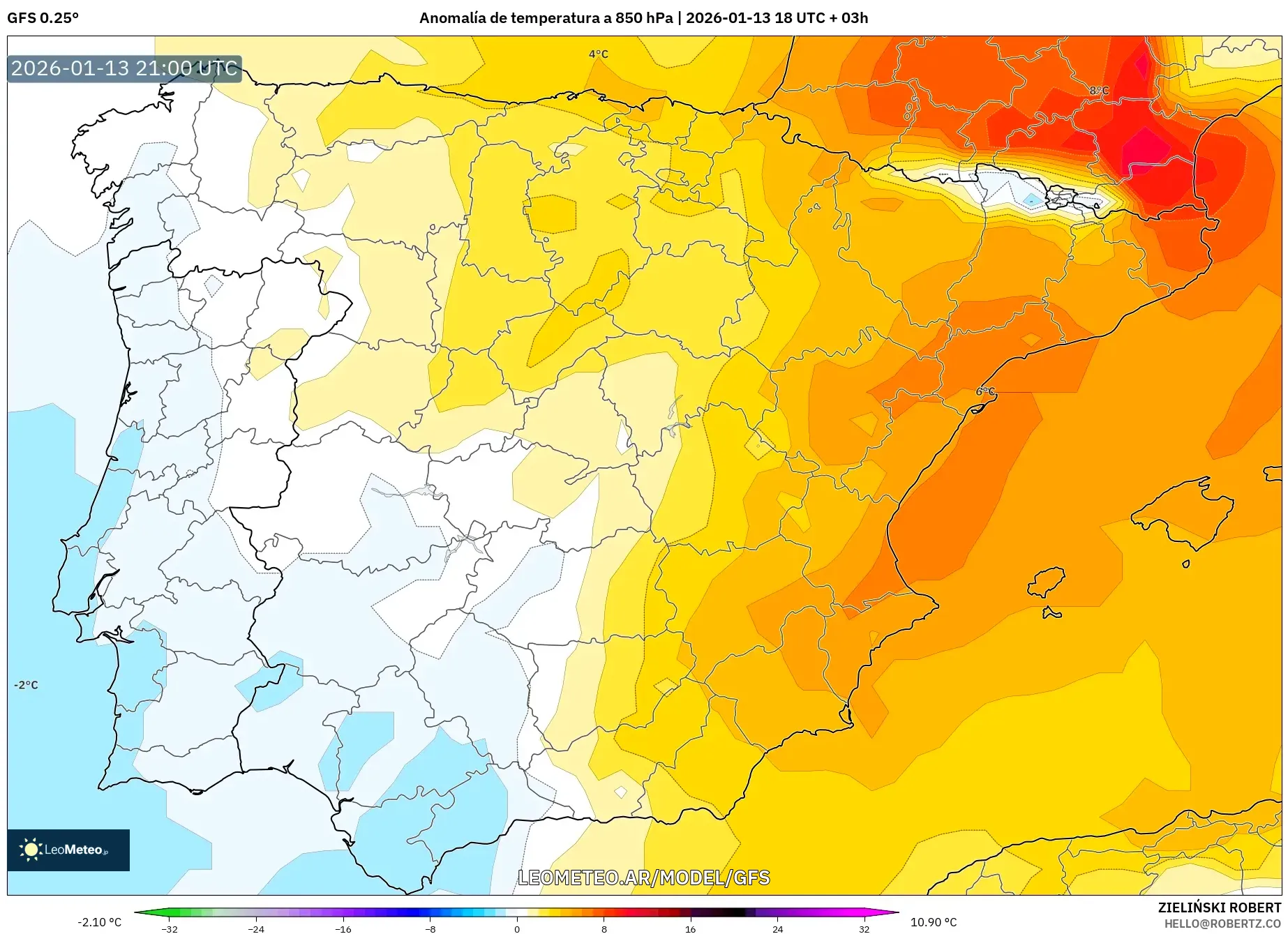 GFS model - España, Anomalía de temperatura a 850 hPa