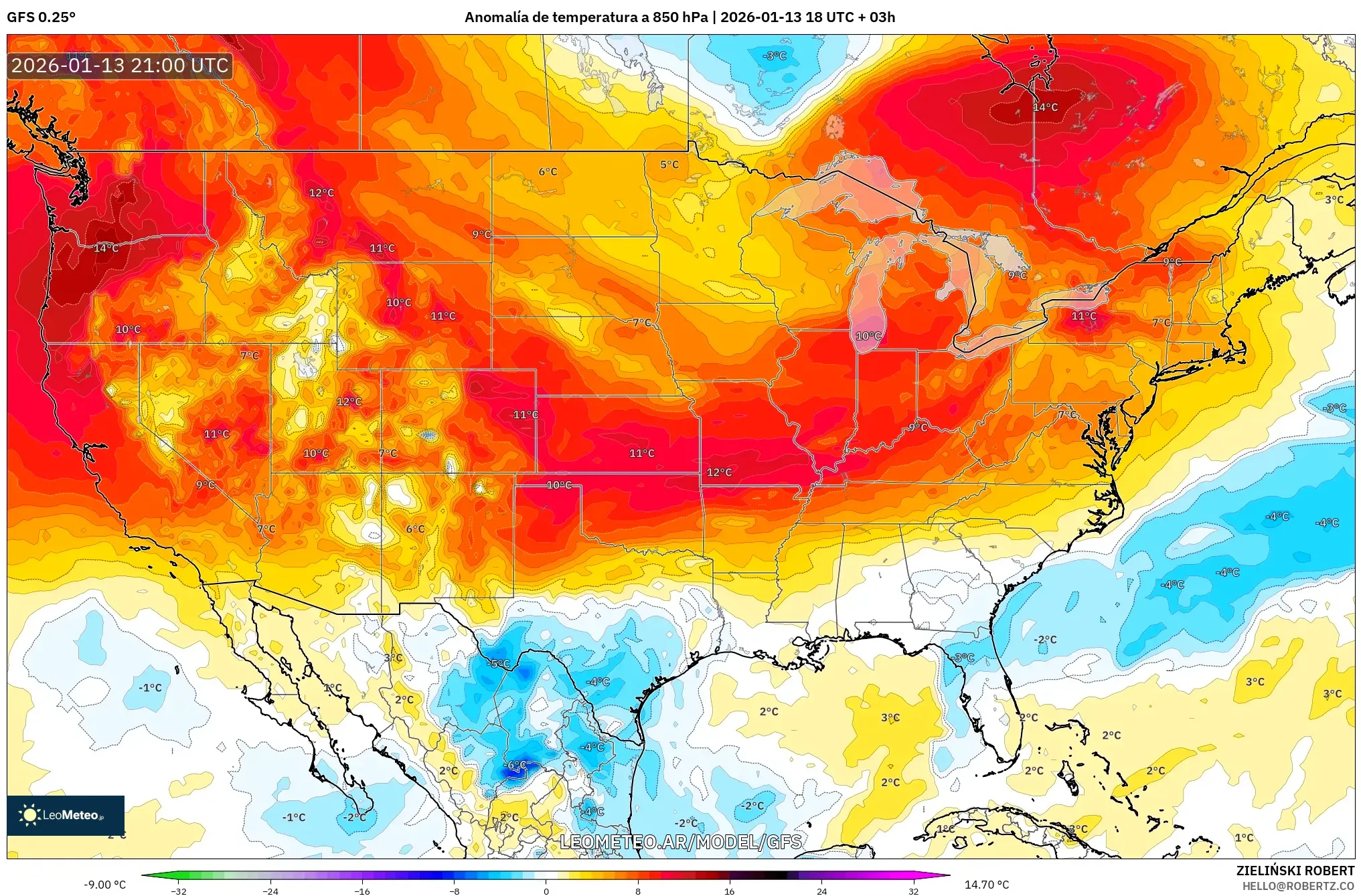 GFS model - Estados Unidos, Anomalía de temperatura a 850 hPa