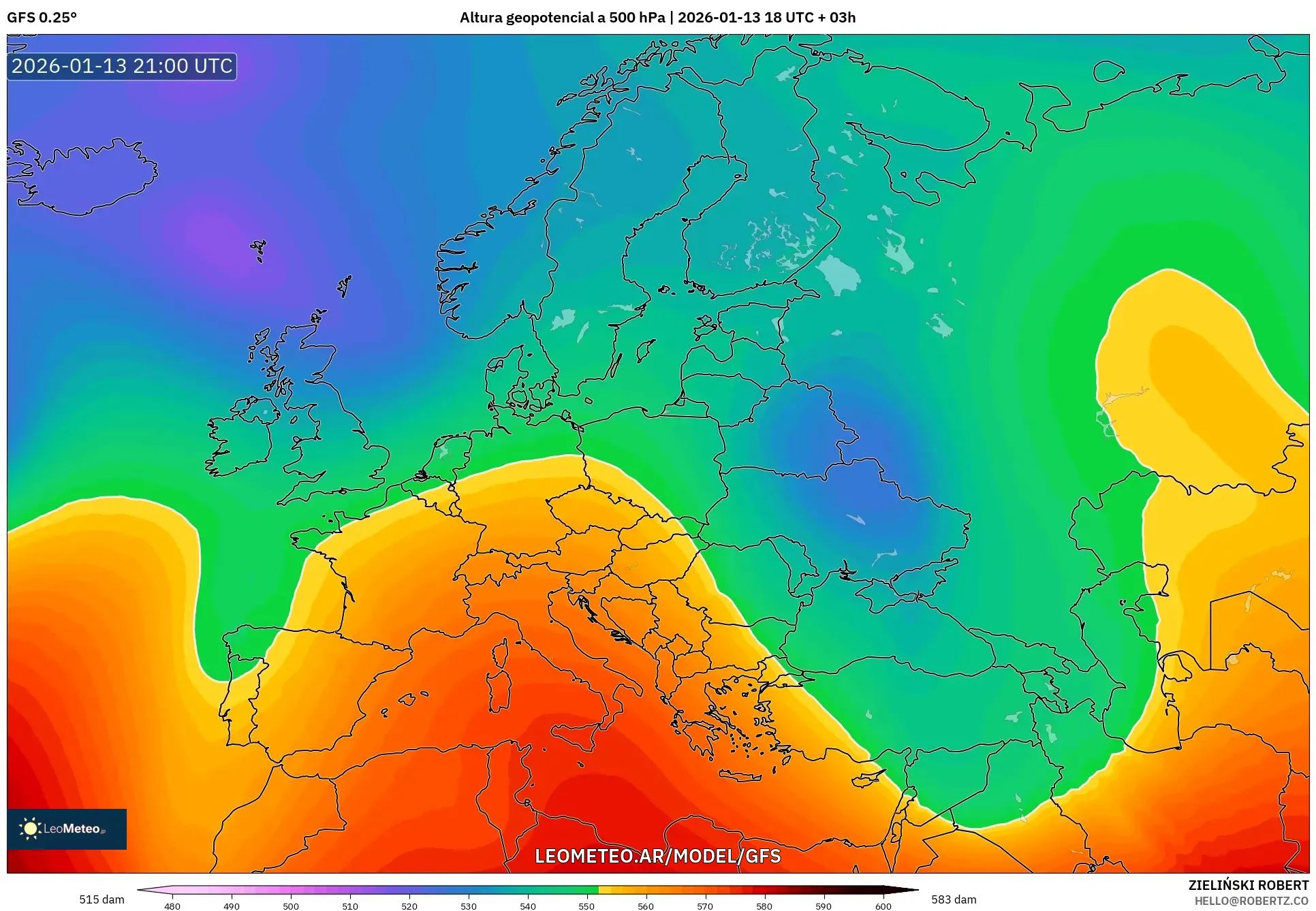 GFS model - Europa, Altura geopotencial a 500 hPa