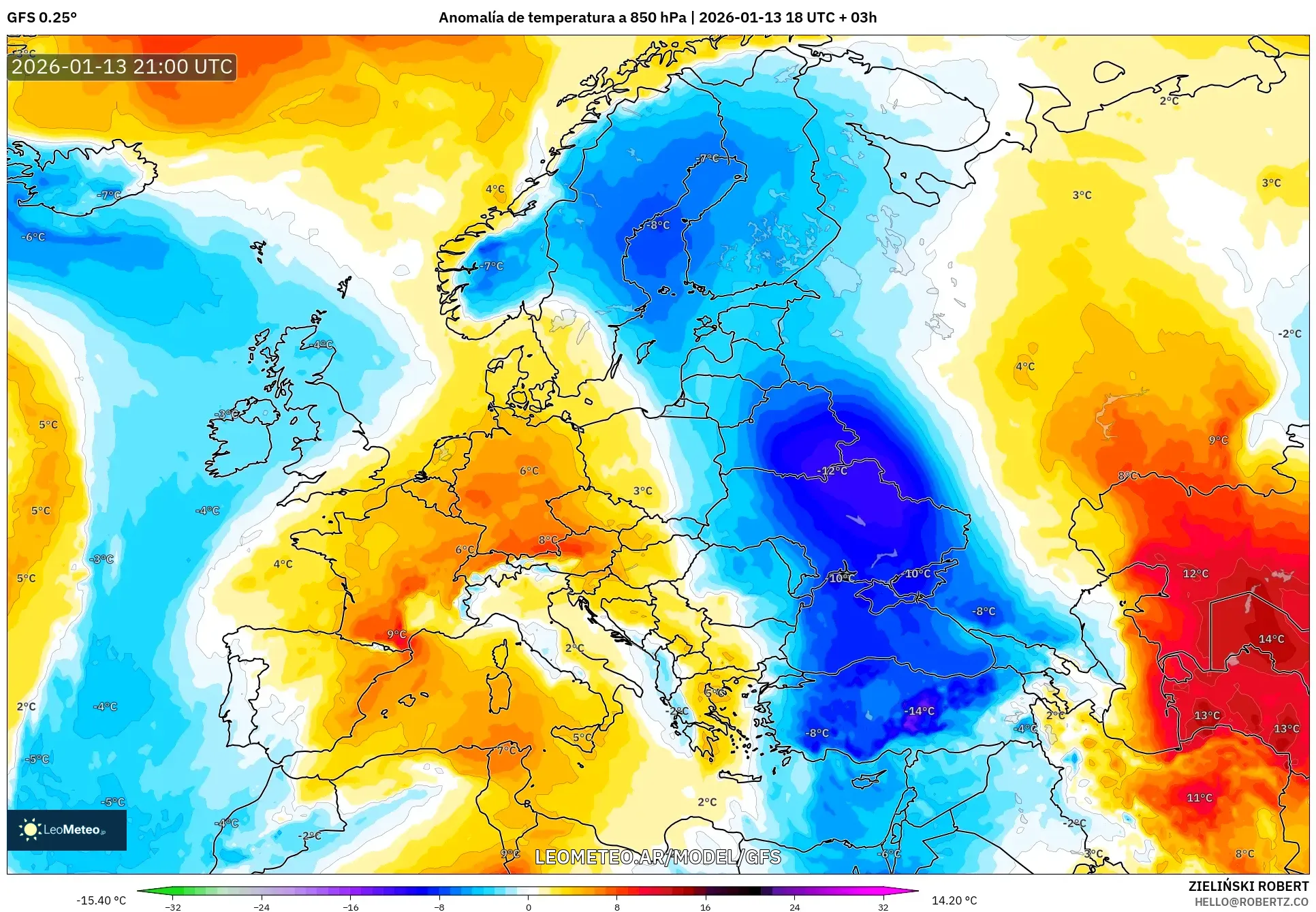GFS model - Europa, Anomalía de temperatura a 850 hPa