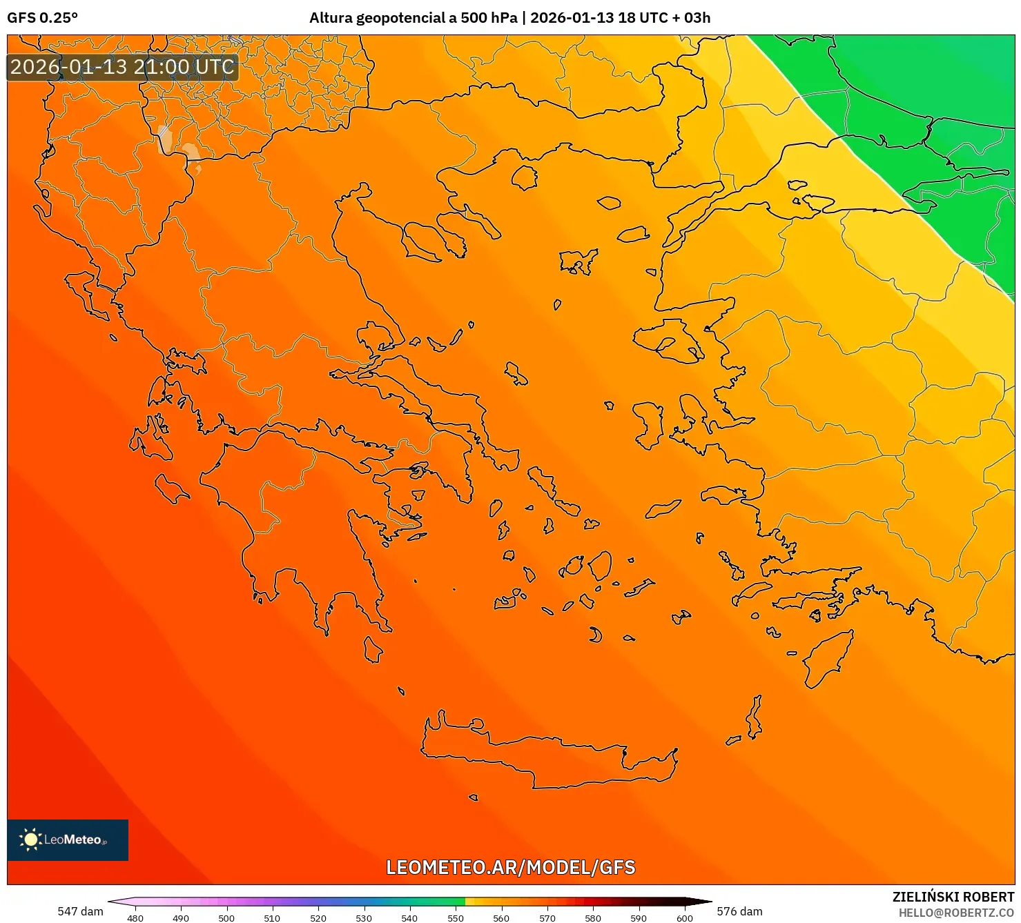 GFS model - Grecia, Altura geopotencial a 500 hPa