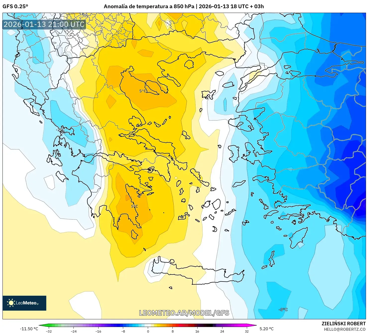 GFS model - Grecia, Anomalía de temperatura a 850 hPa