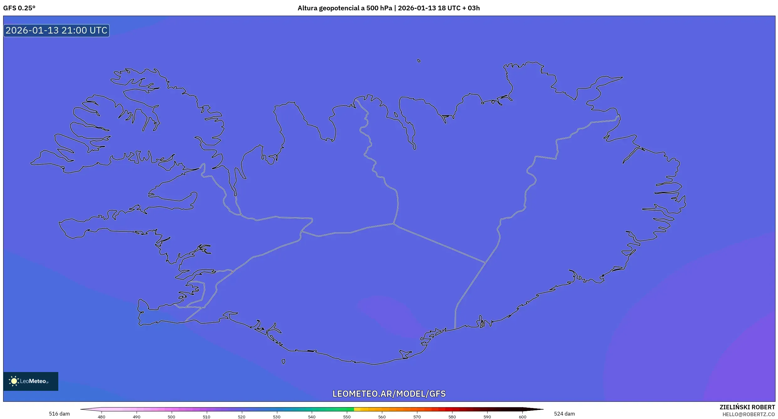 GFS model - Islandia, Altura geopotencial a 500 hPa