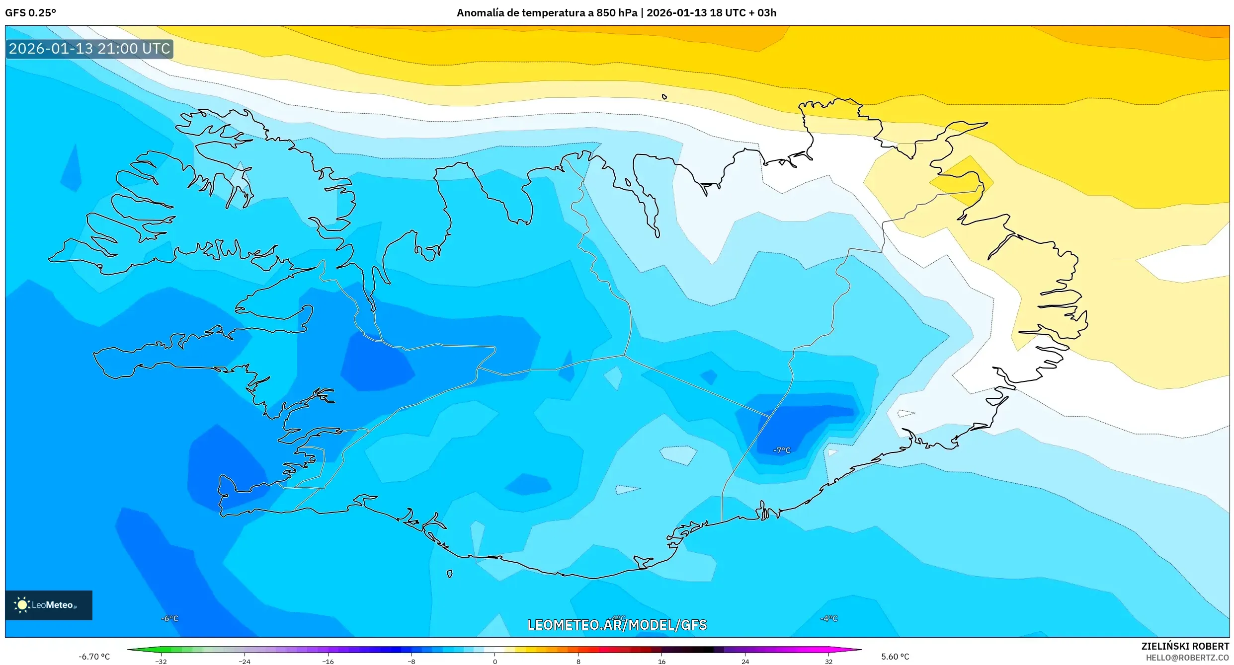 GFS model - Islandia, Anomalía de temperatura a 850 hPa