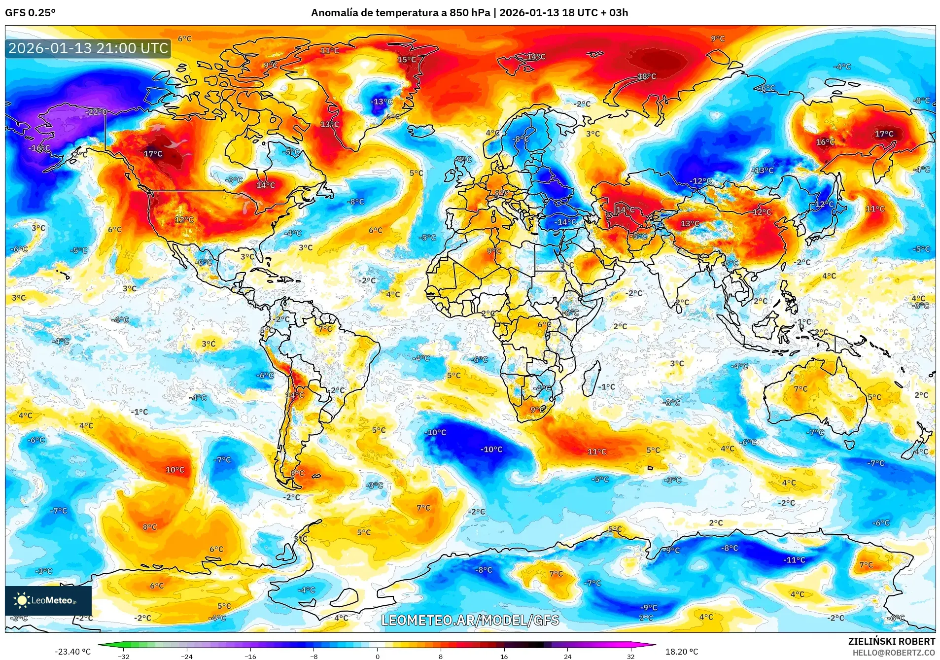 GFS model - Mundo, Anomalía de temperatura a 850 hPa