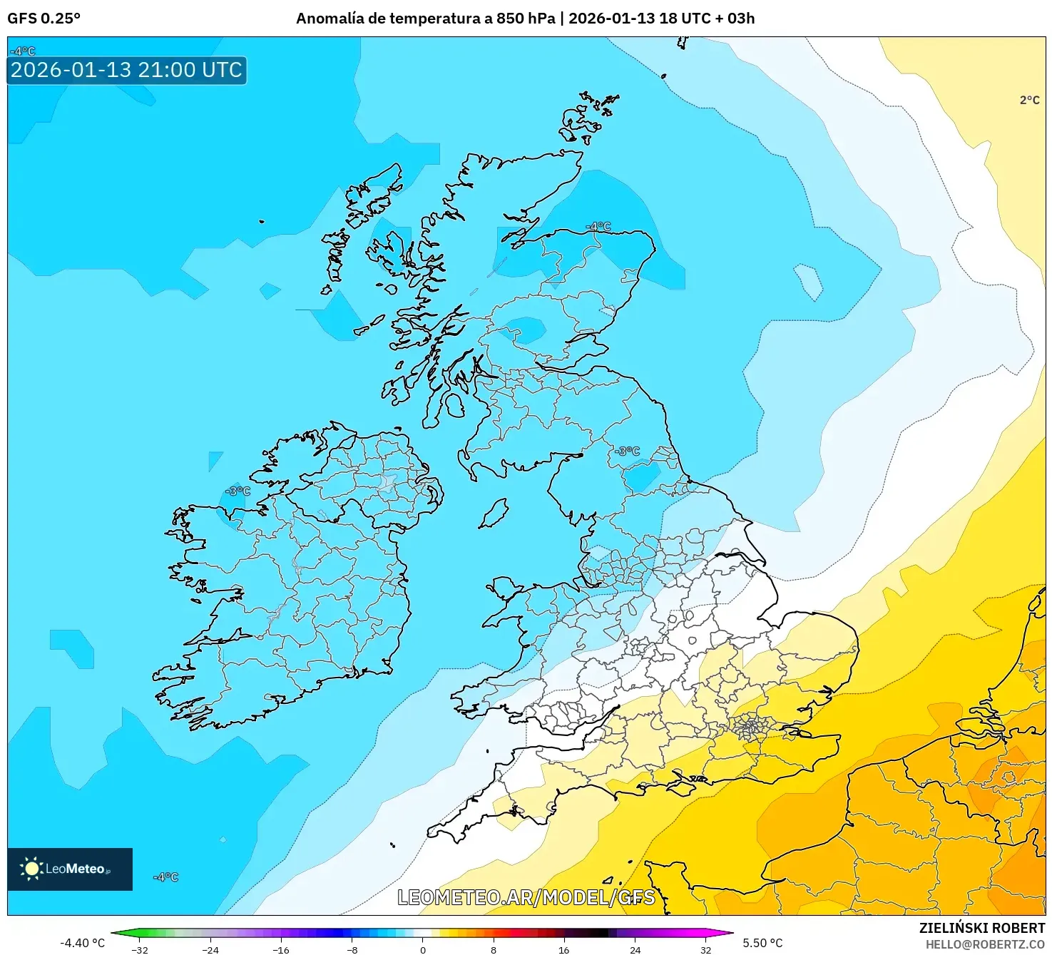 GFS model - Reino Unido, Anomalía de temperatura a 850 hPa