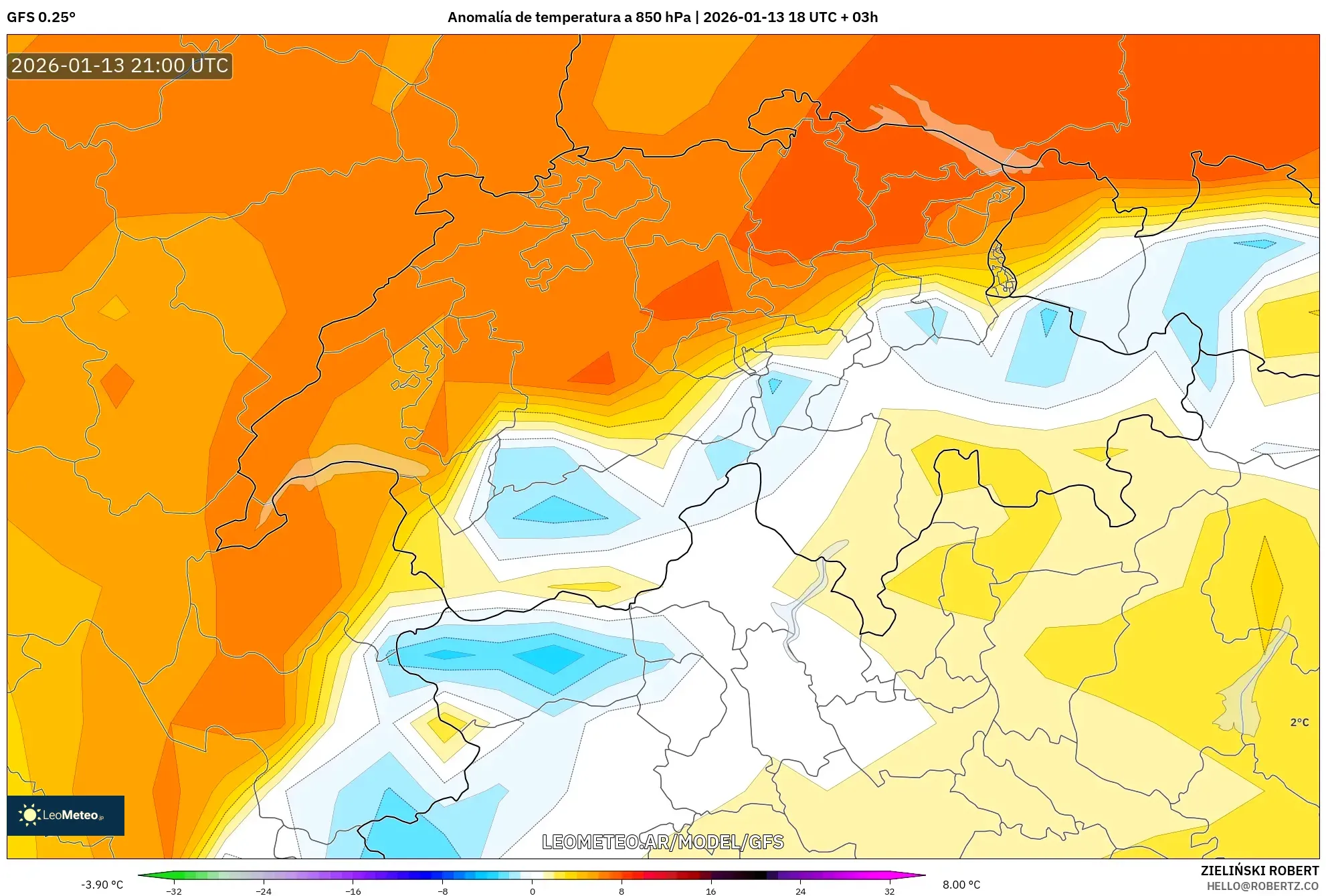 GFS model - Suiza, Anomalía de temperatura a 850 hPa