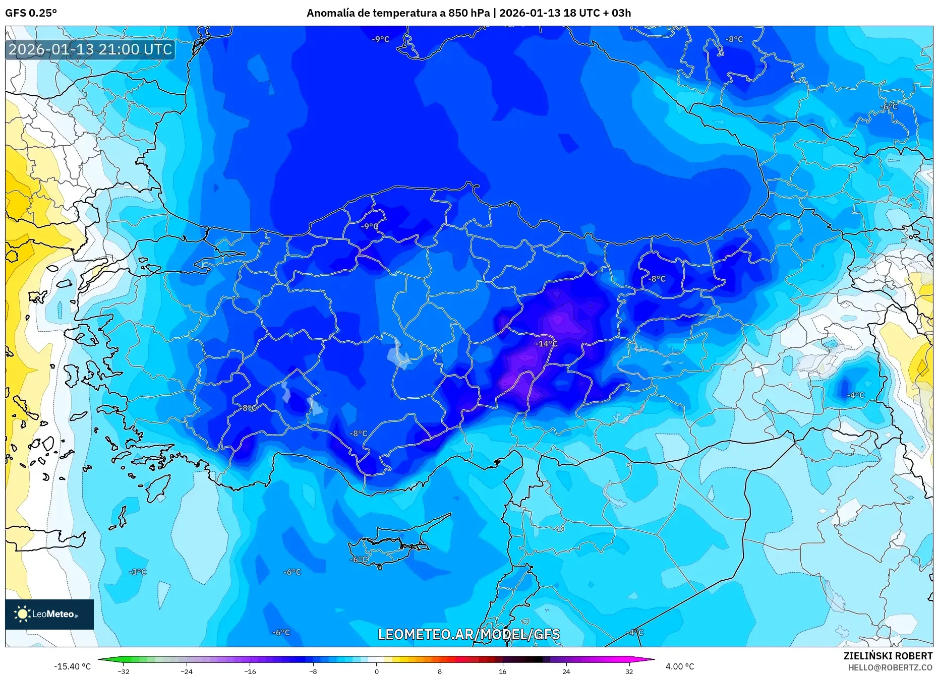 GFS model - Turquía, Anomalía de temperatura a 850 hPa