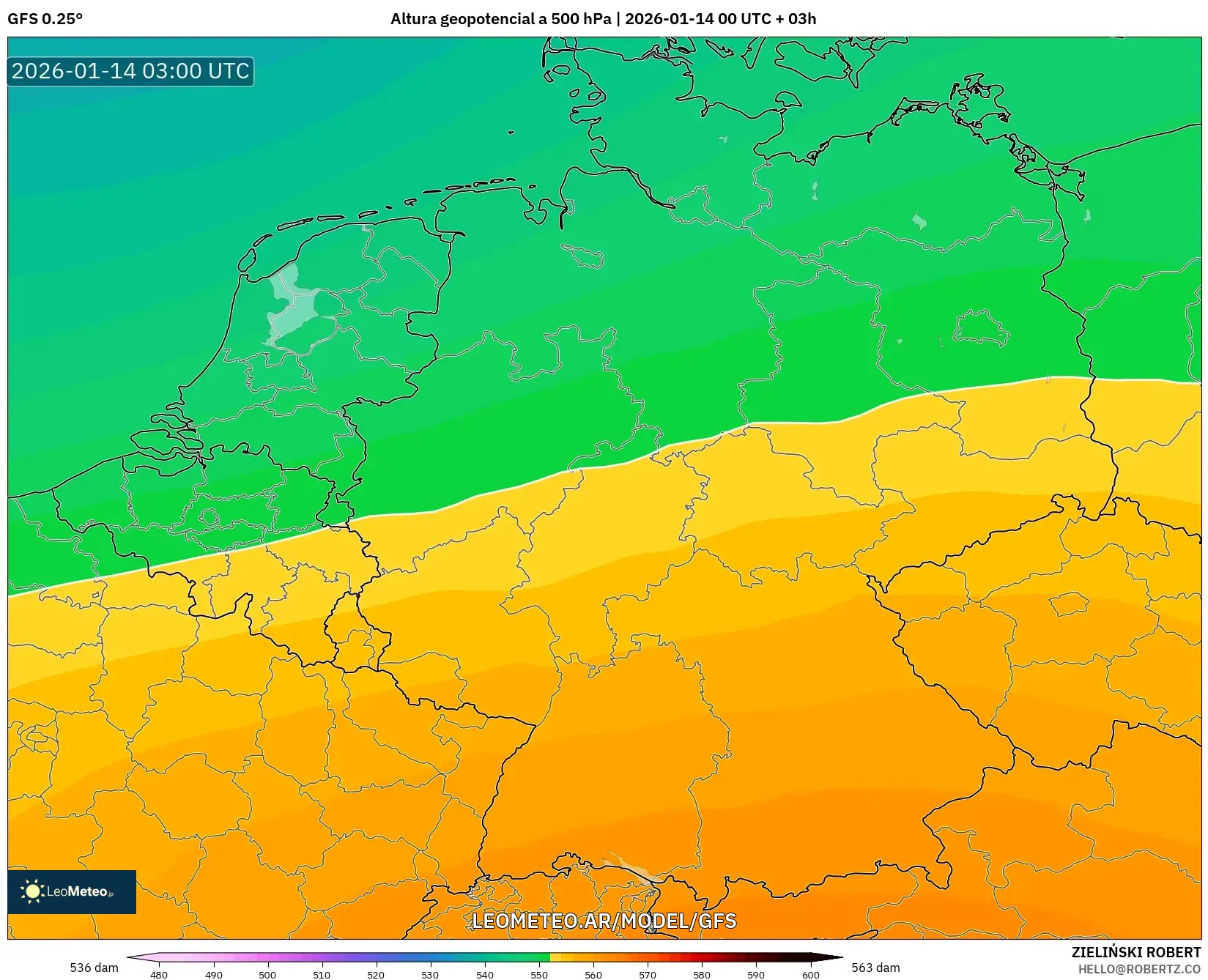 GFS model - Alemania, Altura geopotencial a 500 hPa
