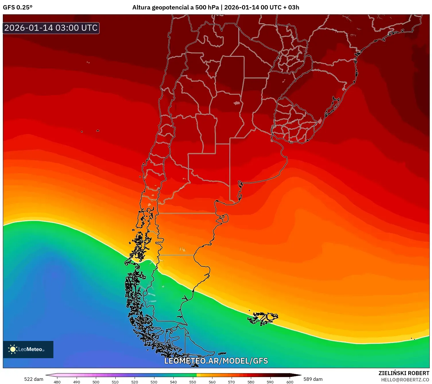 GFS model - Argentina, Altura geopotencial a 500 hPa