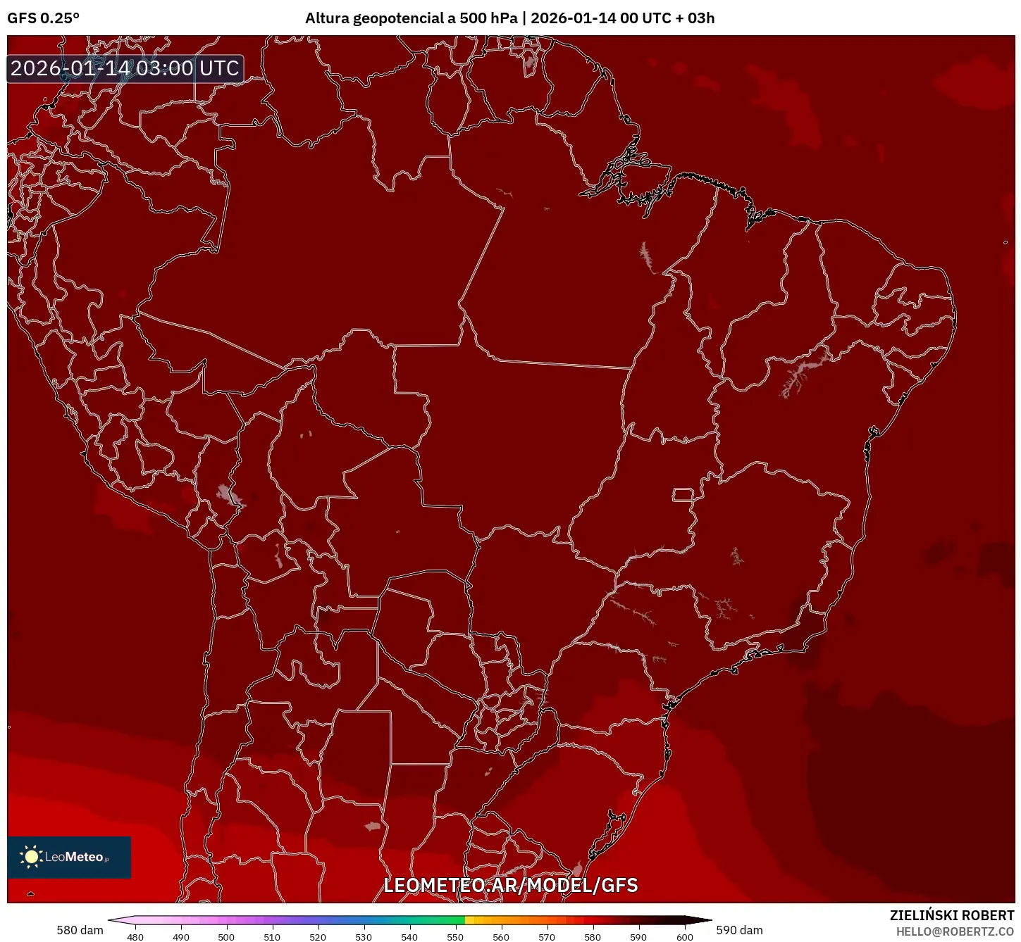 GFS model - Brasil, Altura geopotencial a 500 hPa