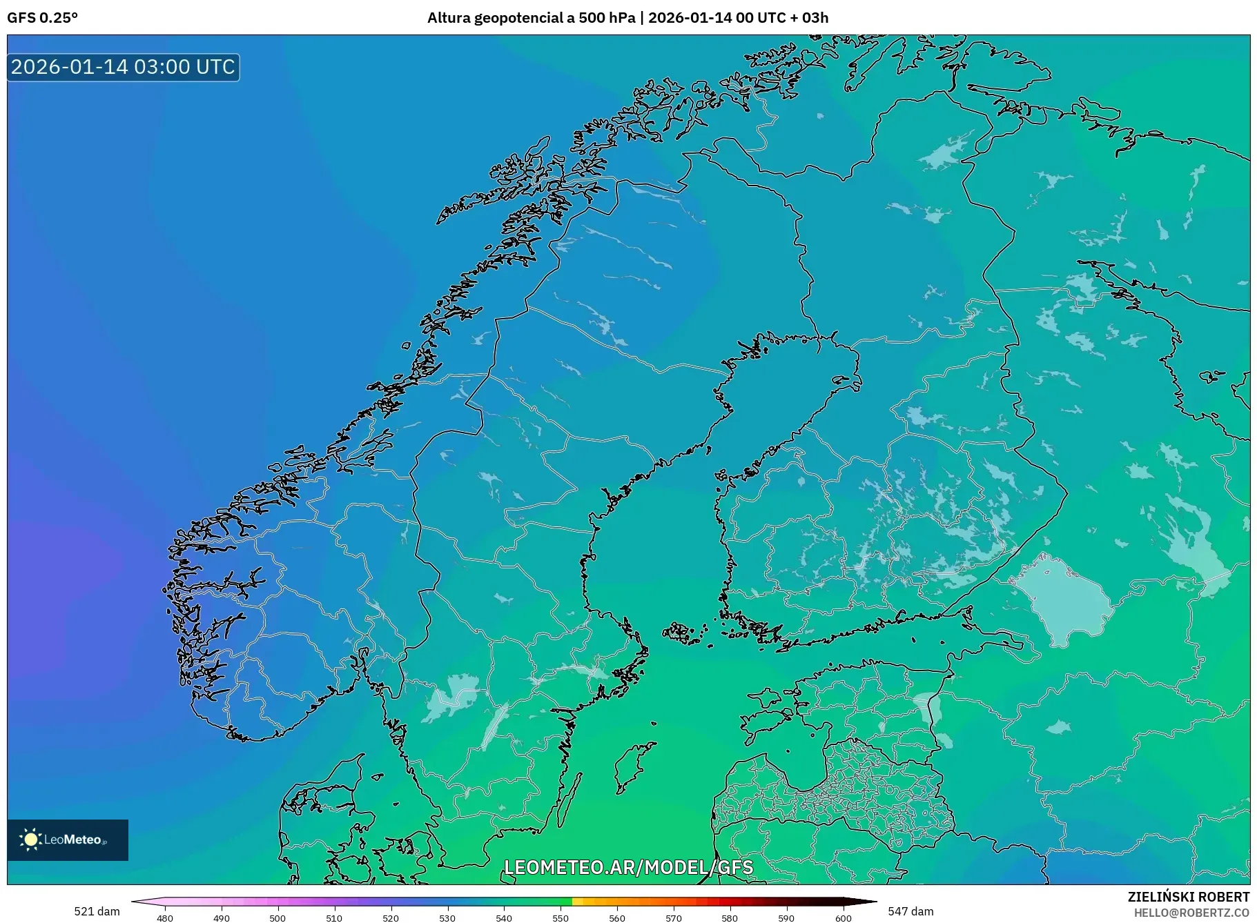 GFS model - Escandinavia, Altura geopotencial a 500 hPa