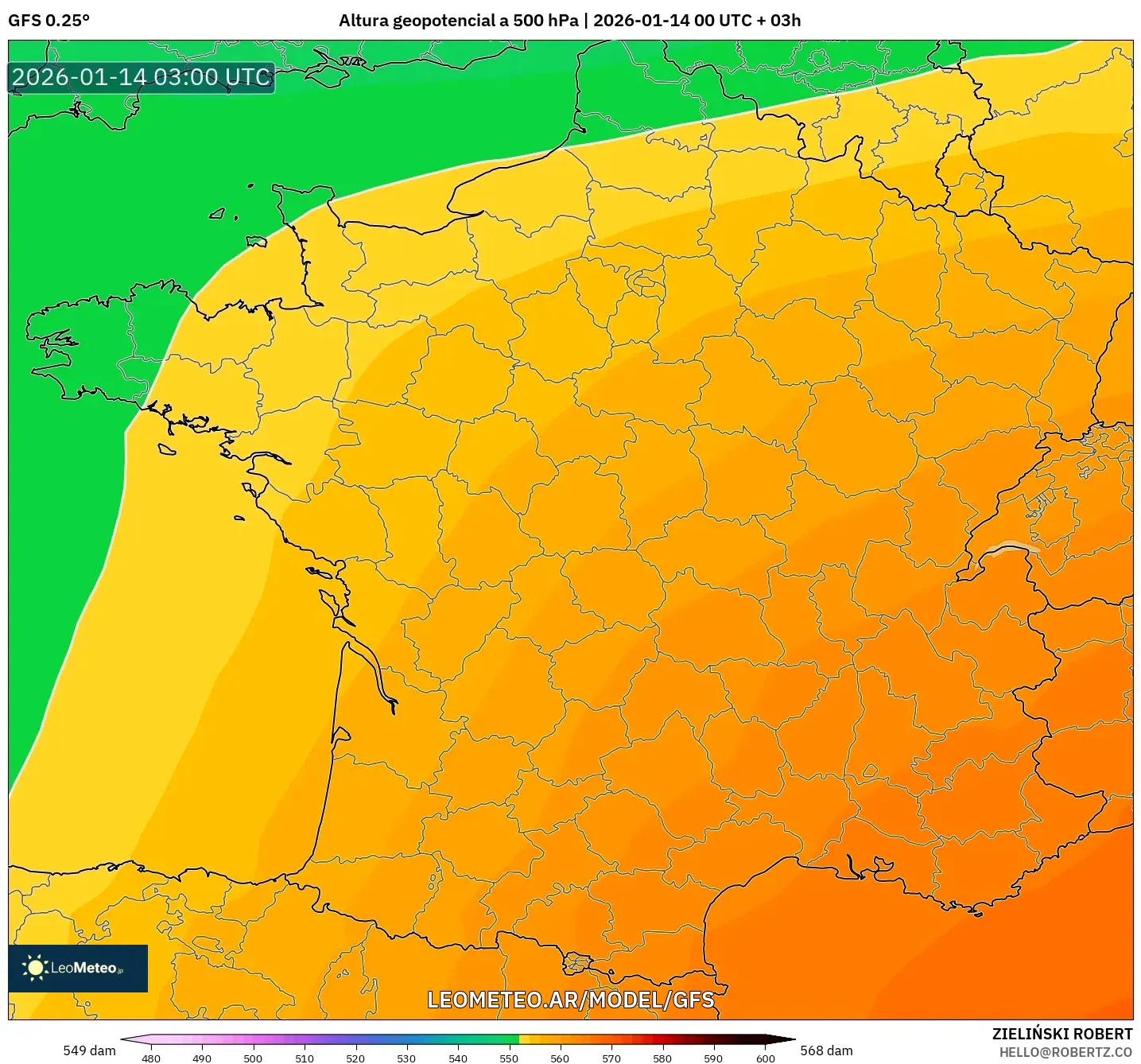 GFS model - Francia, Altura geopotencial a 500 hPa