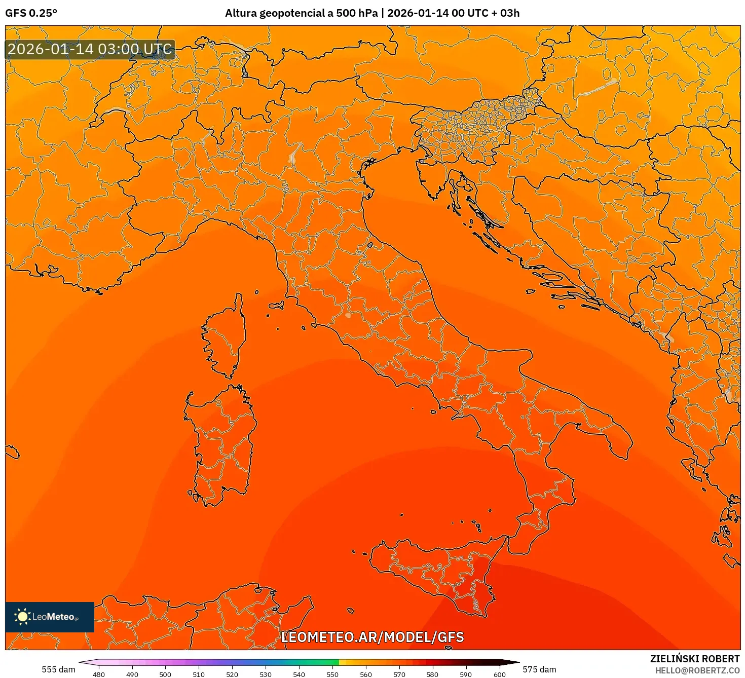 GFS model - Italia, Altura geopotencial a 500 hPa