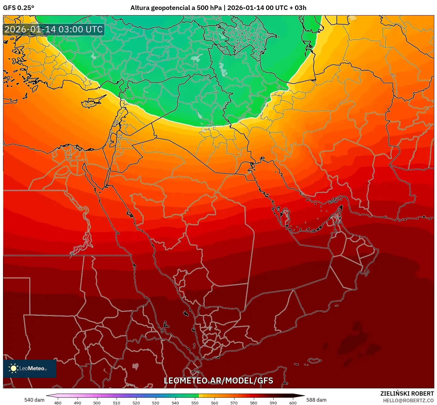 GFS model - Oriente Medio, Altura geopotencial a 500 hPa