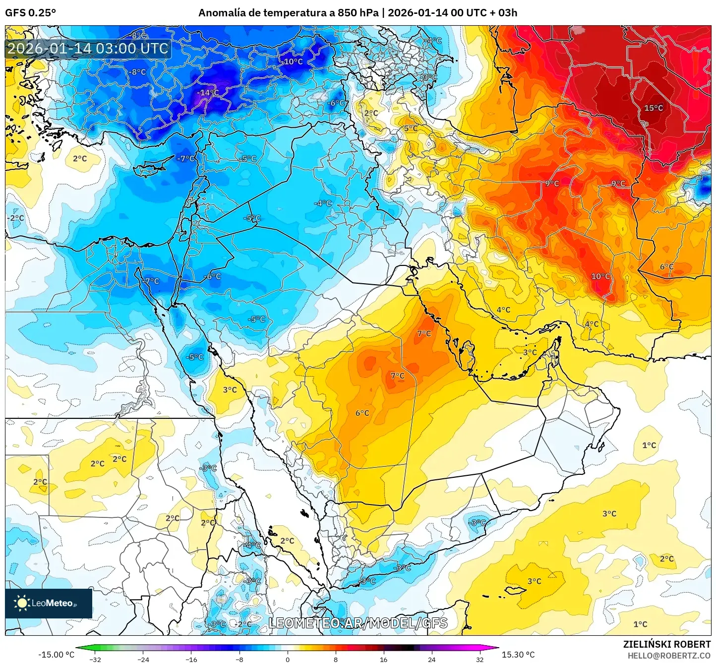 GFS model - Oriente Medio, Anomalía de temperatura a 850 hPa
