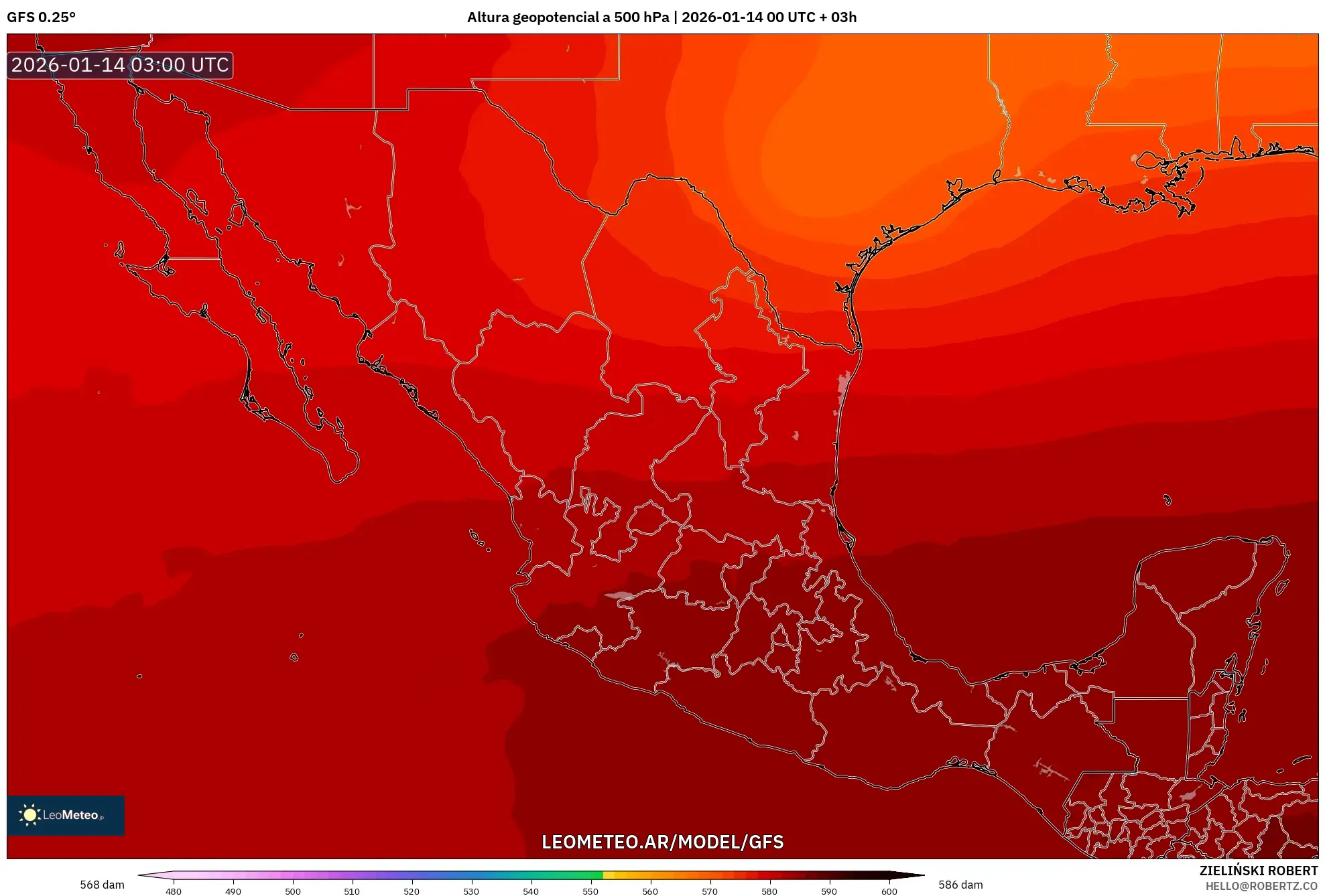 GFS model - México, Altura geopotencial a 500 hPa