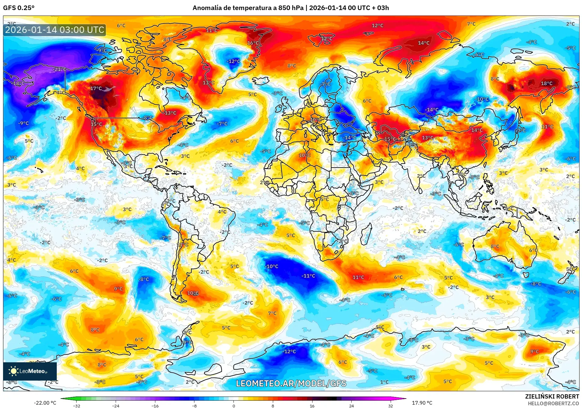 GFS model - Mundo, Anomalía de temperatura a 850 hPa