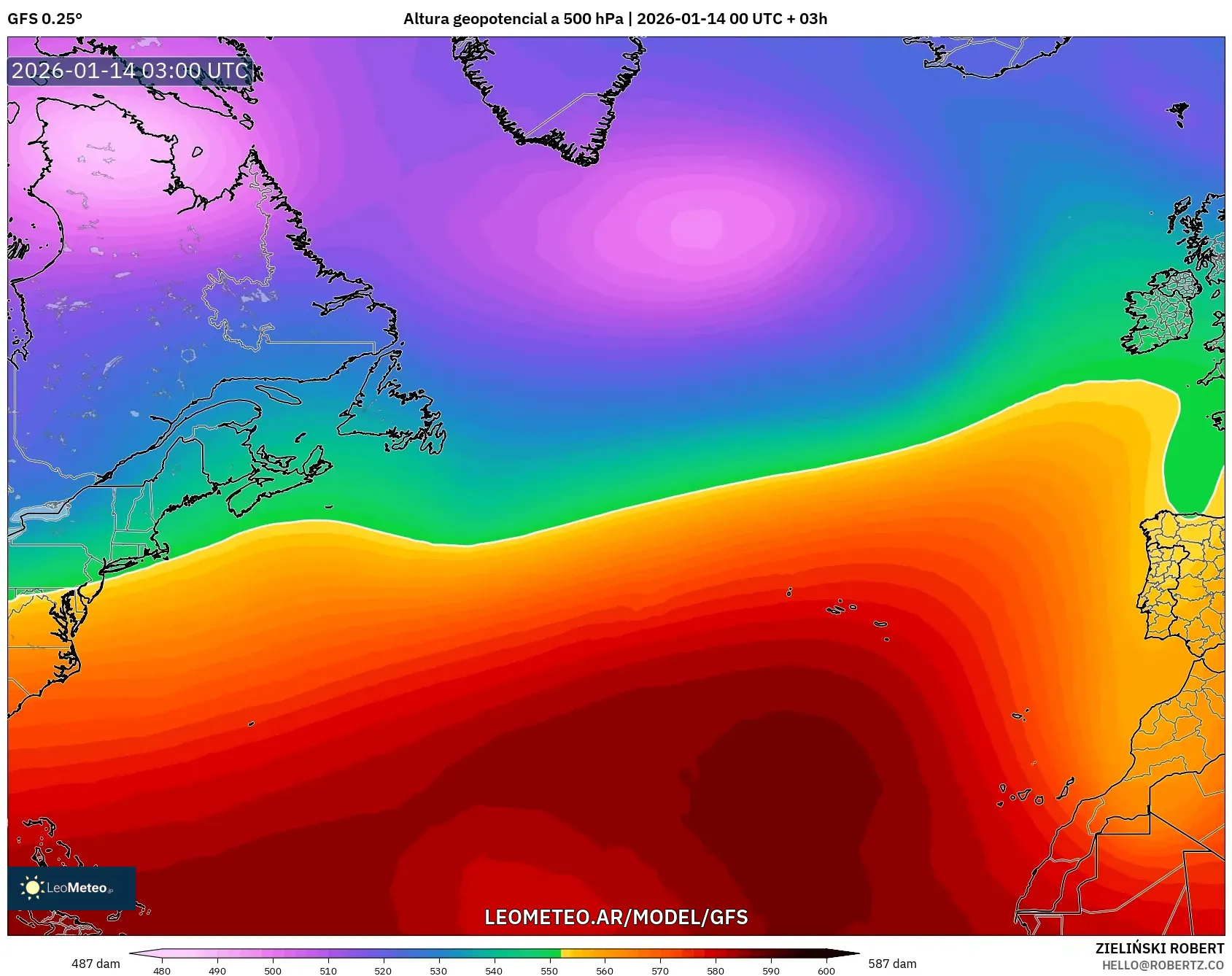 GFS model - Norte Atlántico, Altura geopotencial a 500 hPa