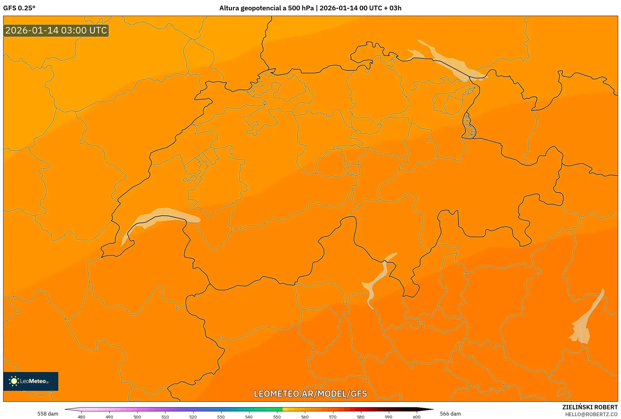 GFS model - Suiza, Altura geopotencial a 500 hPa