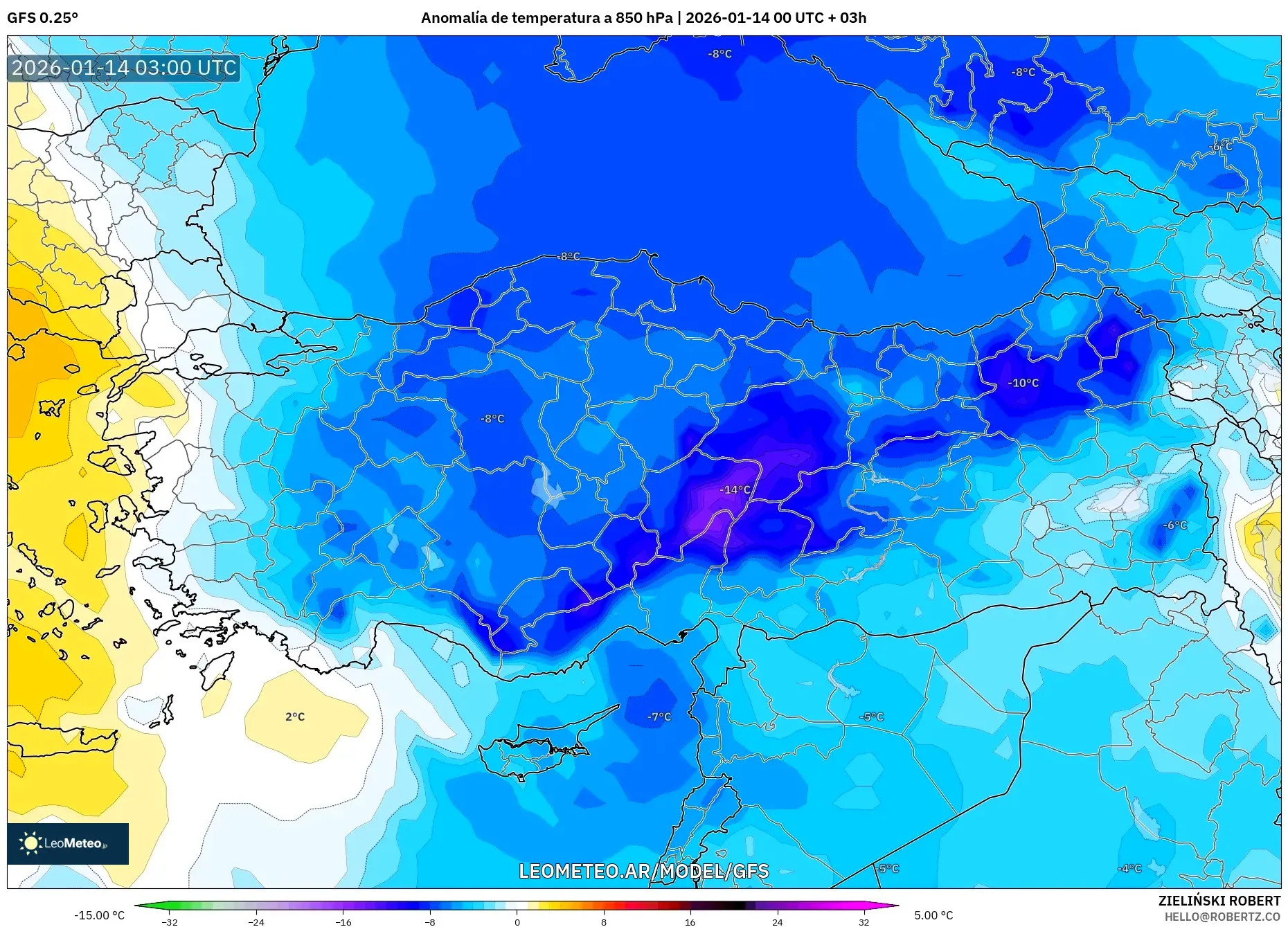 GFS model - Turquía, Anomalía de temperatura a 850 hPa
