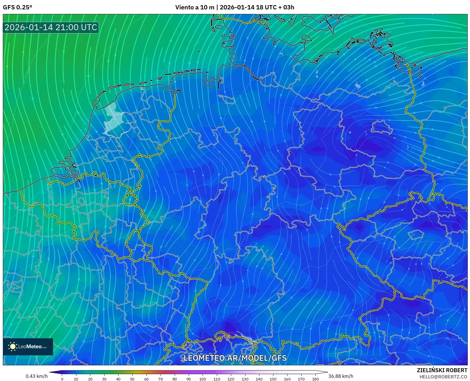 GFS model - Alemania, Viento a 10 m