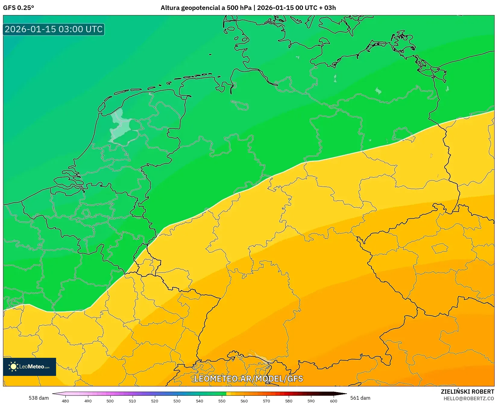 GFS model - Alemania, Altura geopotencial a 500 hPa