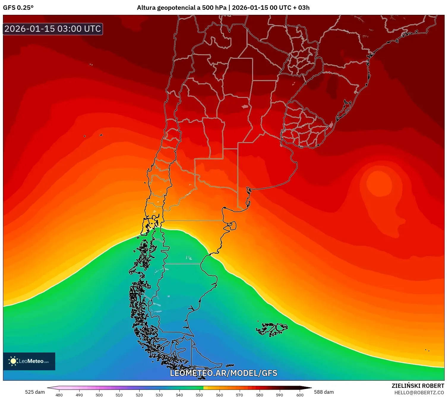 GFS model - Argentina, Altura geopotencial a 500 hPa