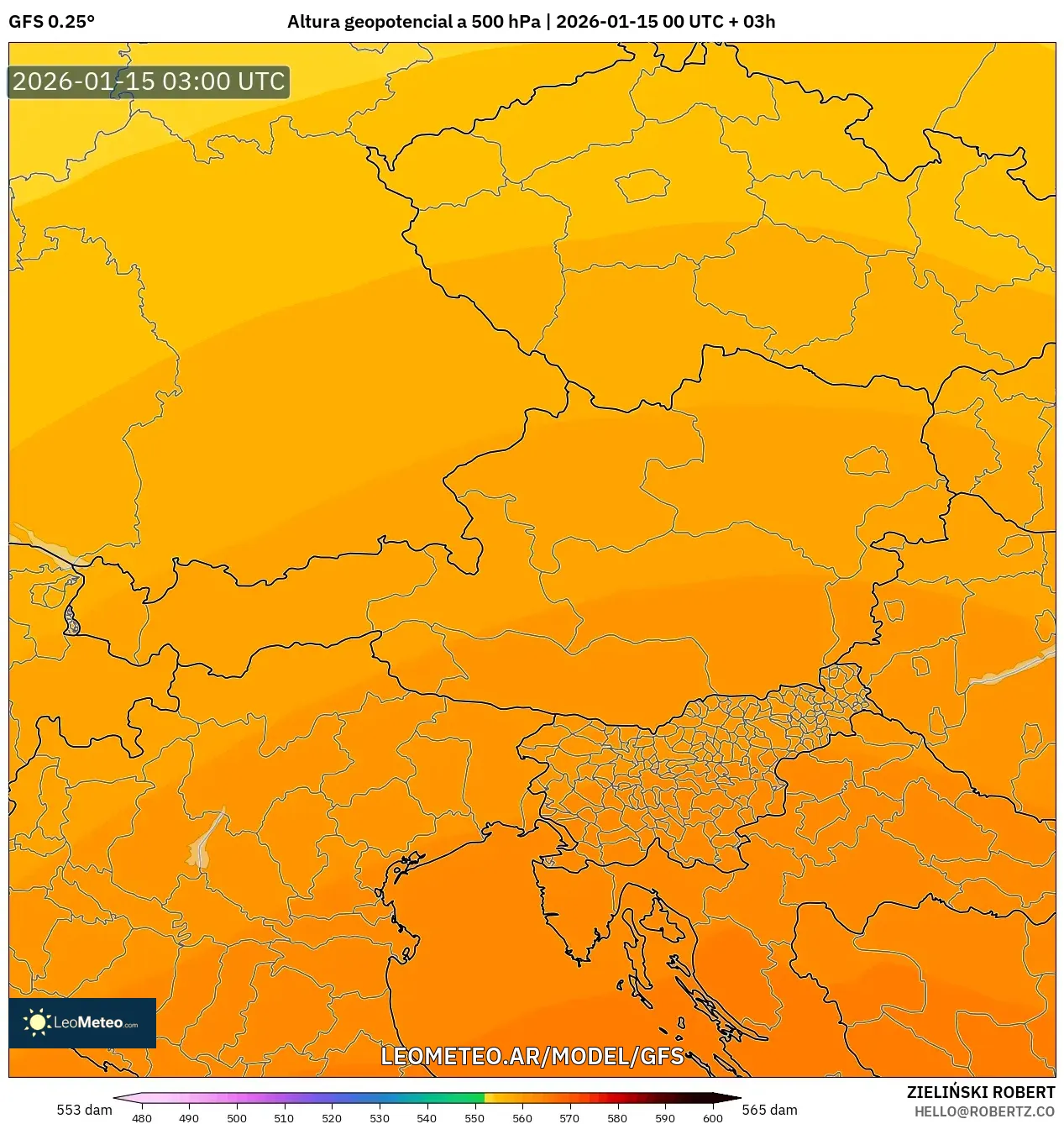 GFS model - Austria, Altura geopotencial a 500 hPa