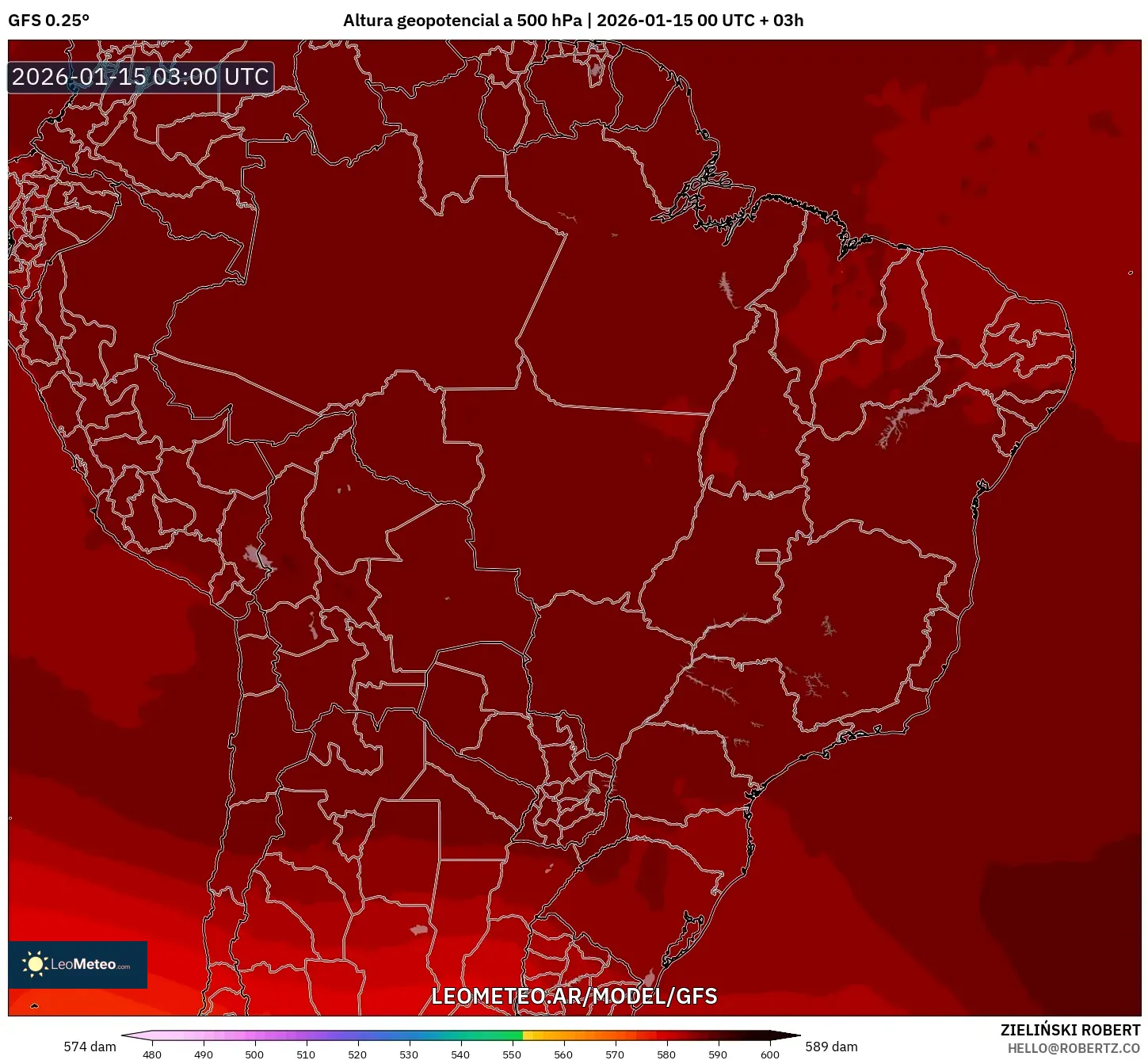 GFS model - Brasil, Altura geopotencial a 500 hPa