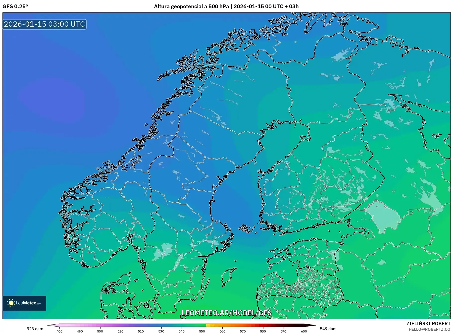 GFS model - Escandinavia, Altura geopotencial a 500 hPa