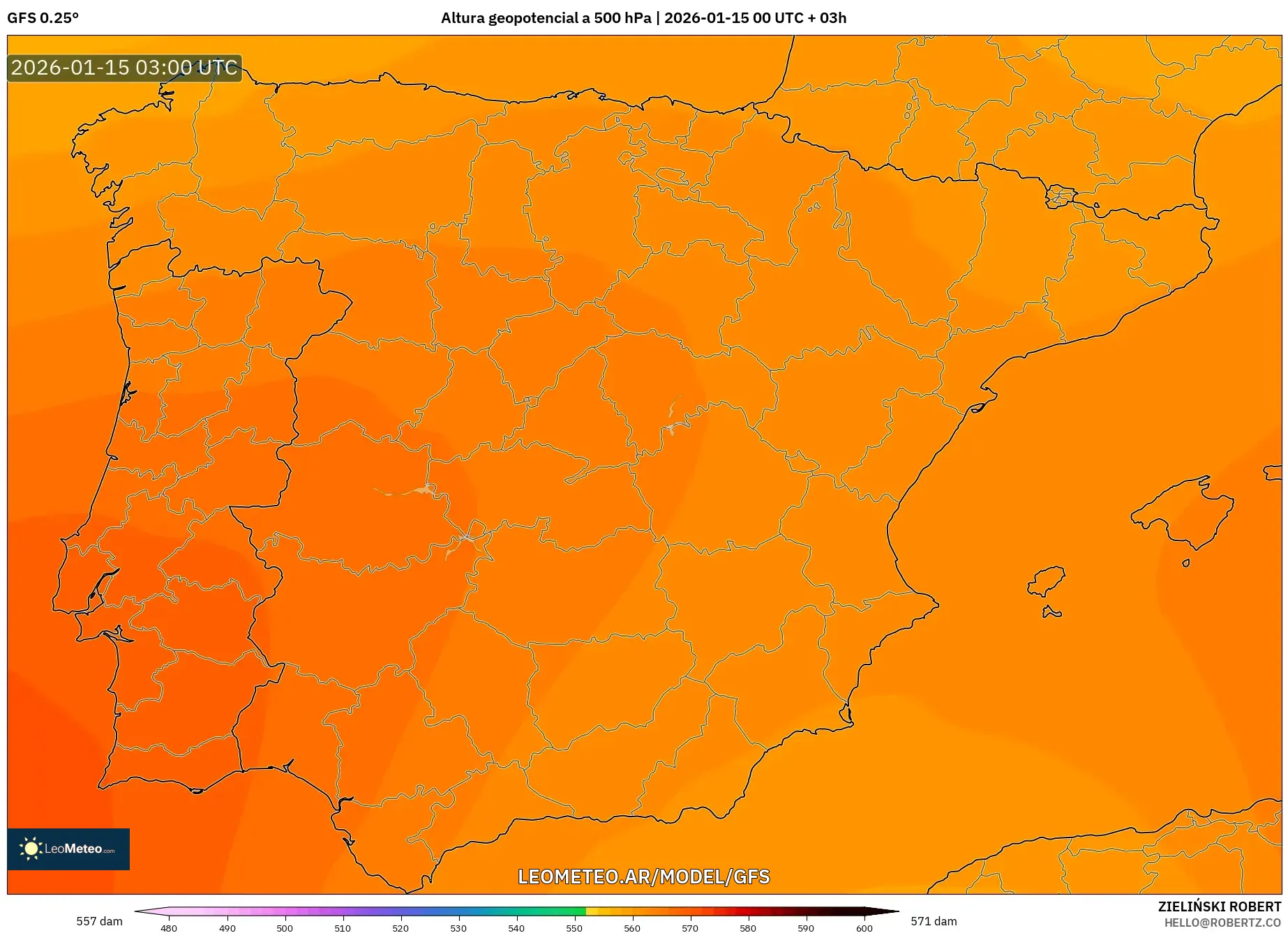 GFS model - España, Altura geopotencial a 500 hPa